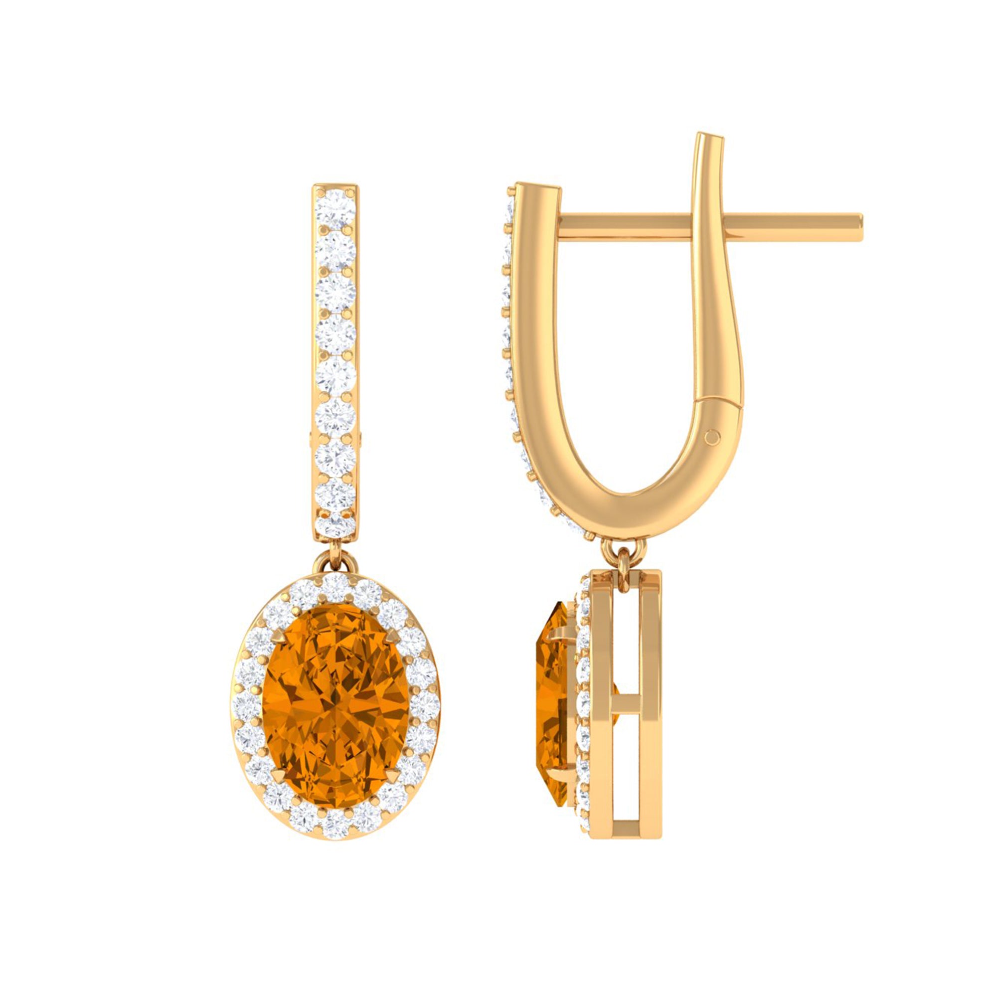 Classic Oval Citrine Hoop Drop Earrings with Moissanite Halo Citrine - ( AAA ) - Quality - Rosec Jewels