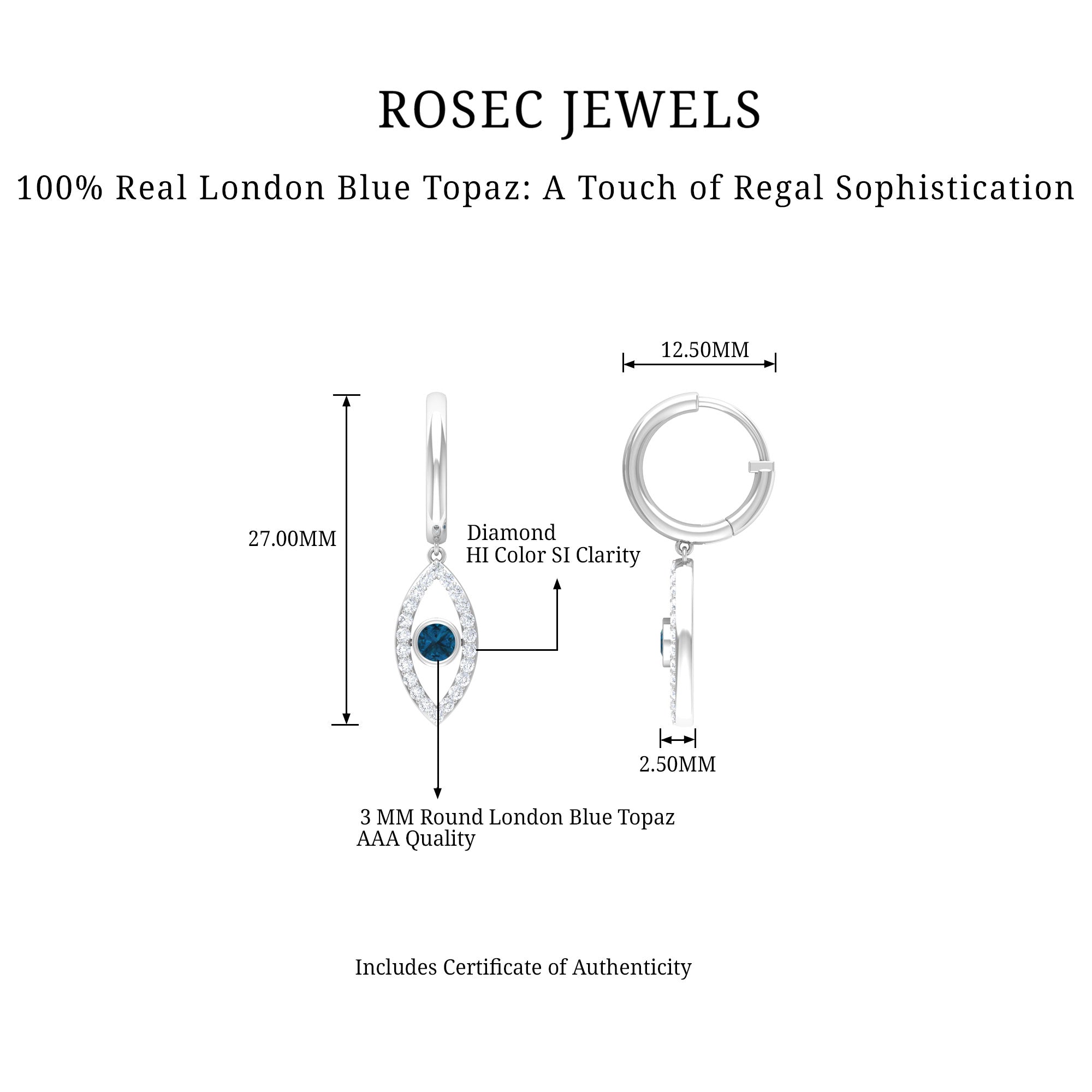 London Blue Topaz and Diamond Evil Eye Hoop Drop Earrings London Blue Topaz - ( AAA ) - Quality - Rosec Jewels