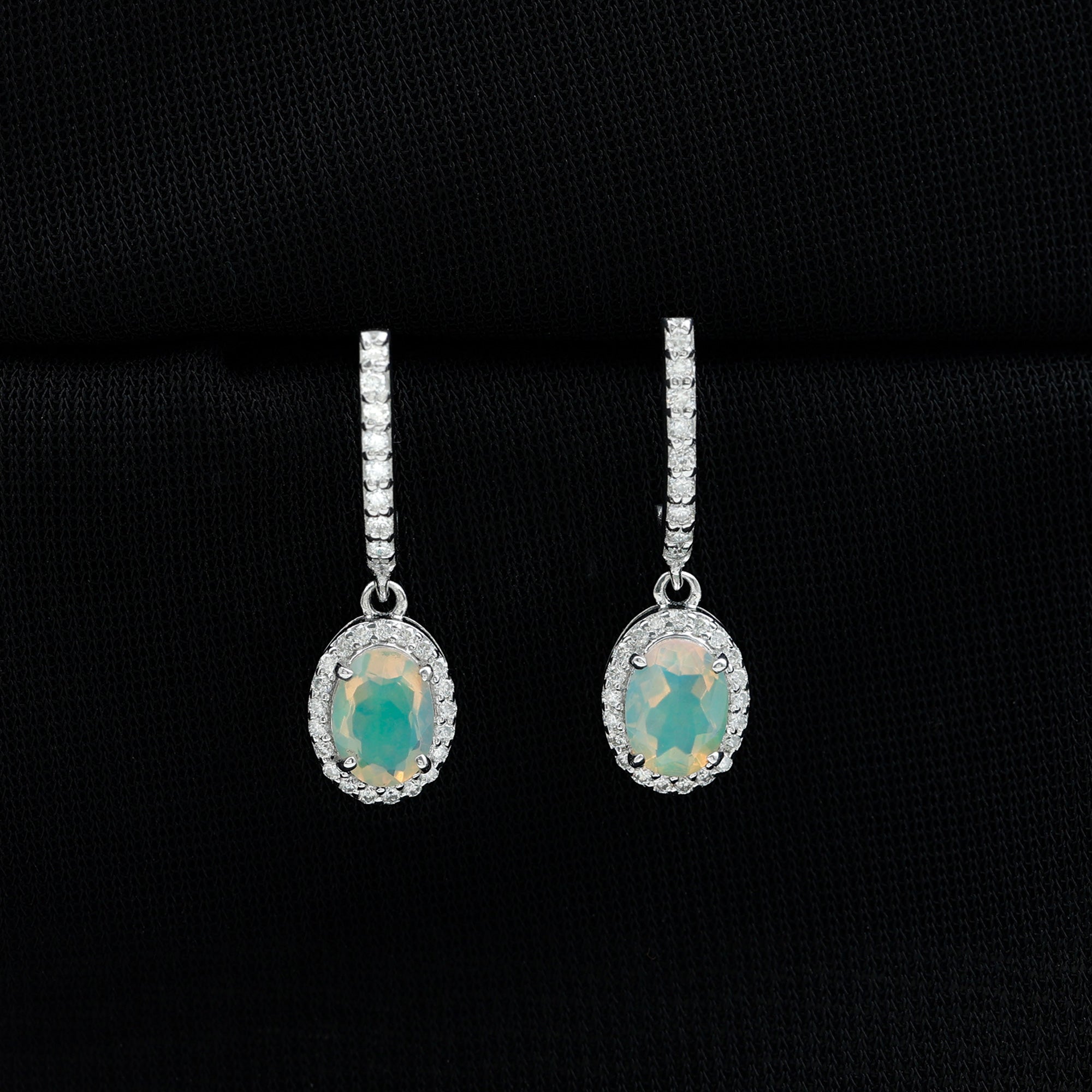 Ethiopian Opal Silver Hoop Drop Earrings with Moissanite Ethiopian Opal - ( AAA ) - Quality 92.5 Sterling Silver - Rosec Jewels