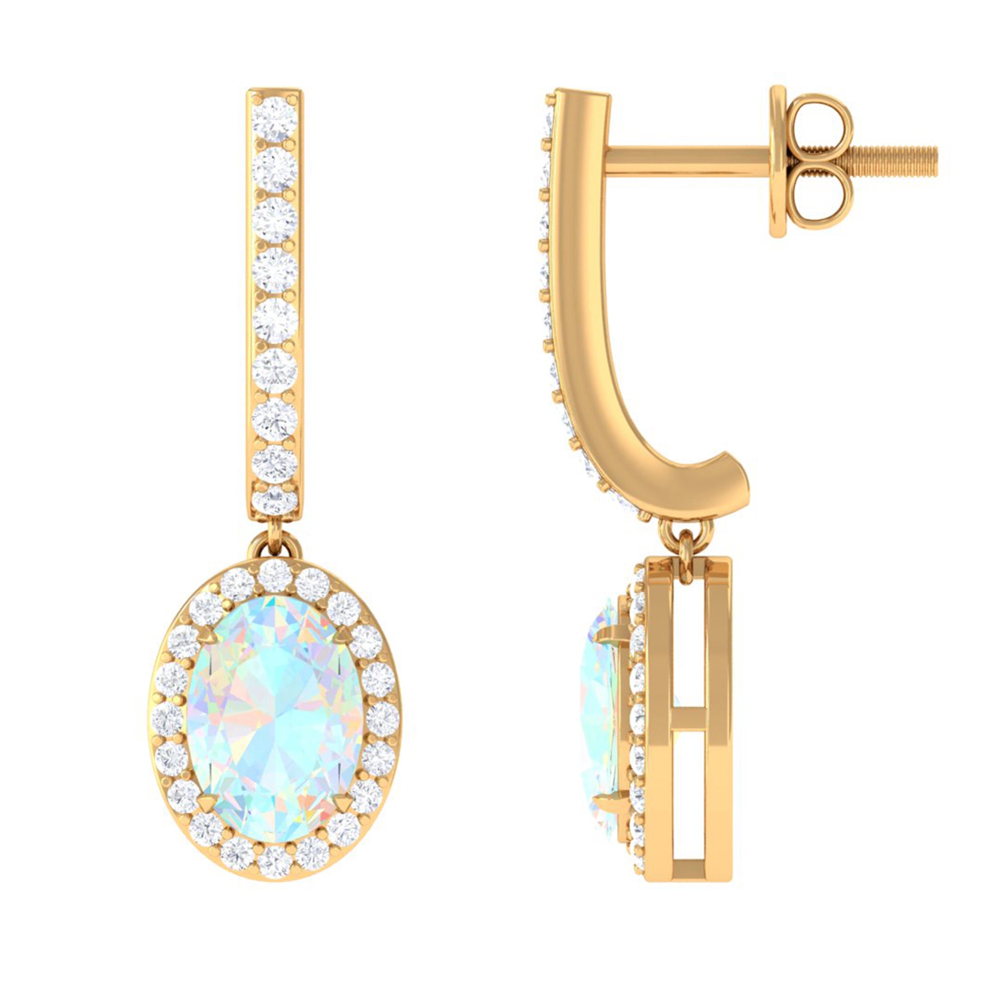 Ethiopian Opal Hoop Drop Earrings with Moissanite Ethiopian Opal - ( AAA ) - Quality - Rosec Jewels