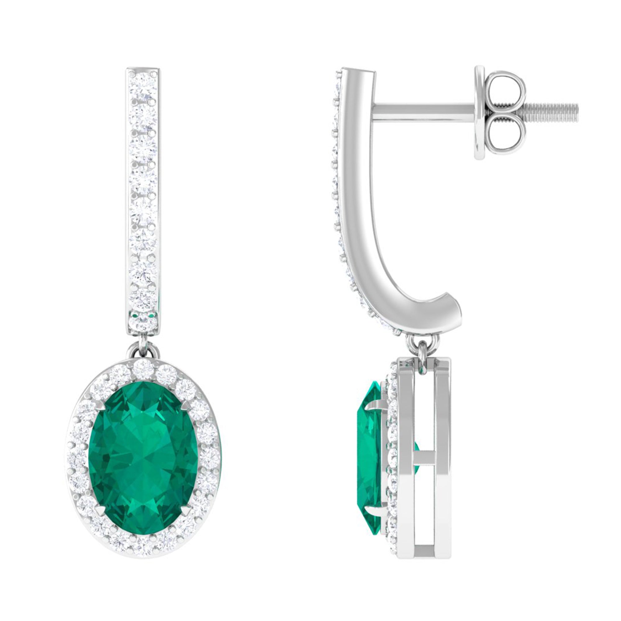 1.75 CT Classic Emerald J Hoop Drop Earrings with Diamond Emerald - ( AAA ) - Quality - Rosec Jewels