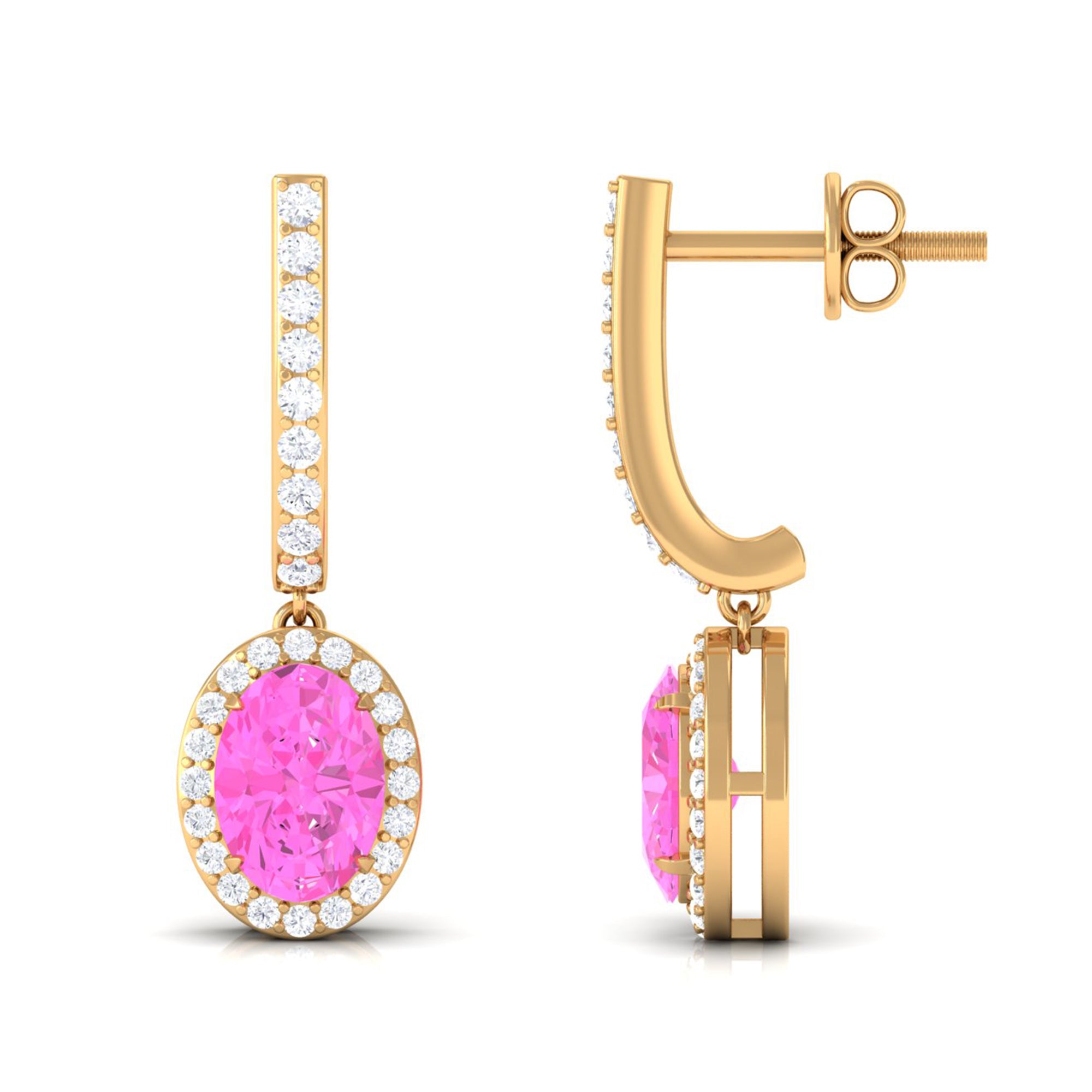 Oval Pink Sapphire and Diamond Hoop Drop Earrings Pink Sapphire - ( AAA ) - Quality - Rosec Jewels