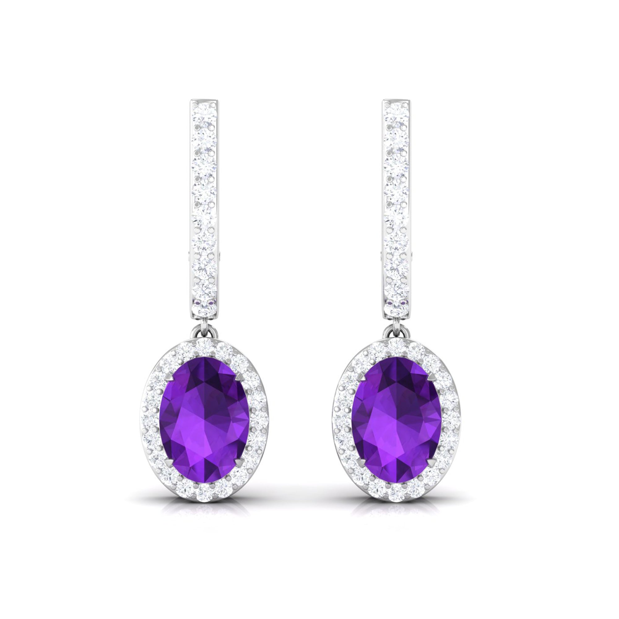 Oval Amethyst Hoop Drop Earrings with Diamond Halo Amethyst - ( AAA ) - Quality - Rosec Jewels