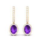 Oval Amethyst Hoop Drop Earrings with Diamond Halo Amethyst - ( AAA ) - Quality - Rosec Jewels