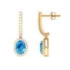 Oval Swiss Blue Topaz Hoop Drop Earrings with Diamond Halo Swiss Blue Topaz - ( AAA ) - Quality - Rosec Jewels