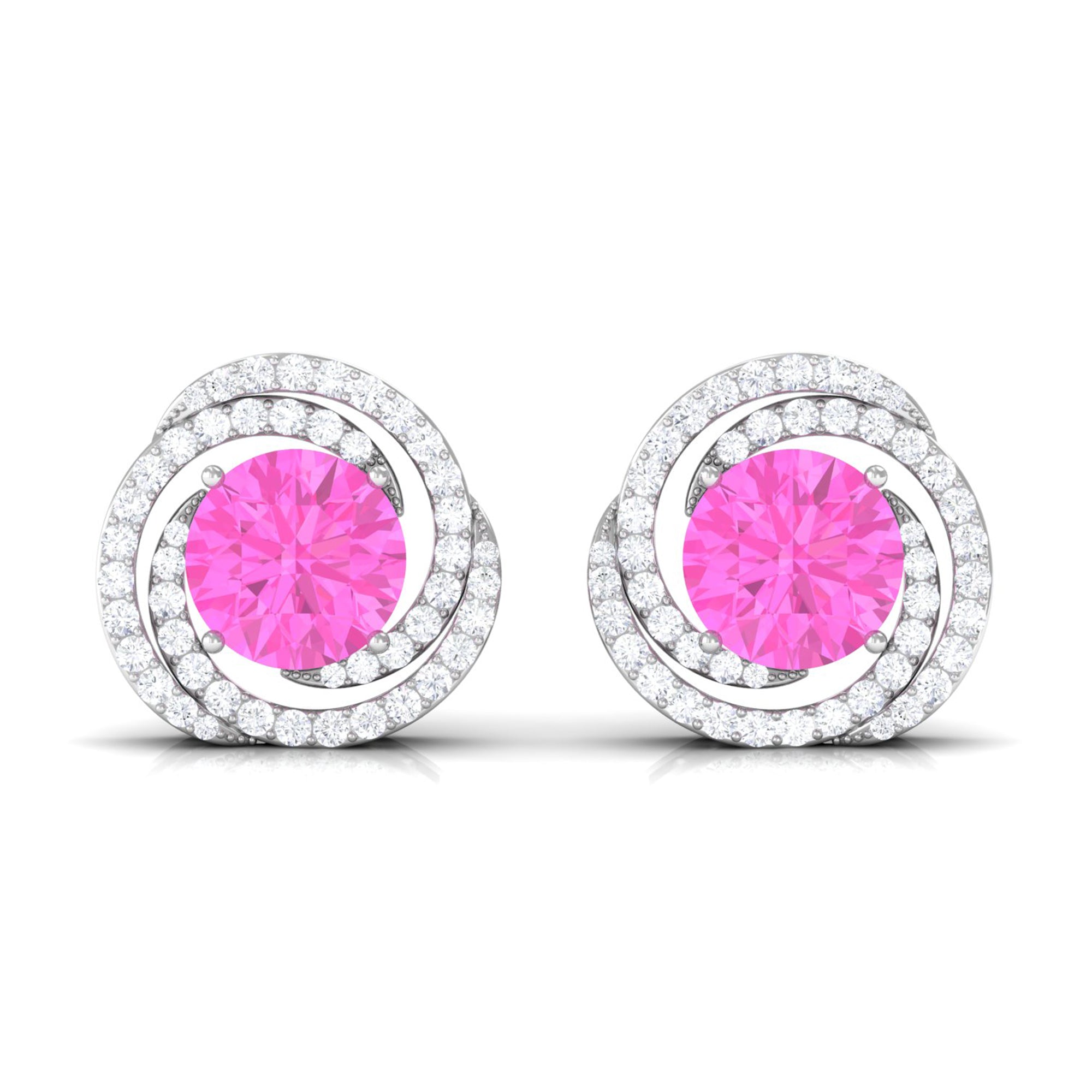 Pink Sapphire and Diamond Swirl Stud Earrings Pink Sapphire - ( AAA ) - Quality - Rosec Jewels