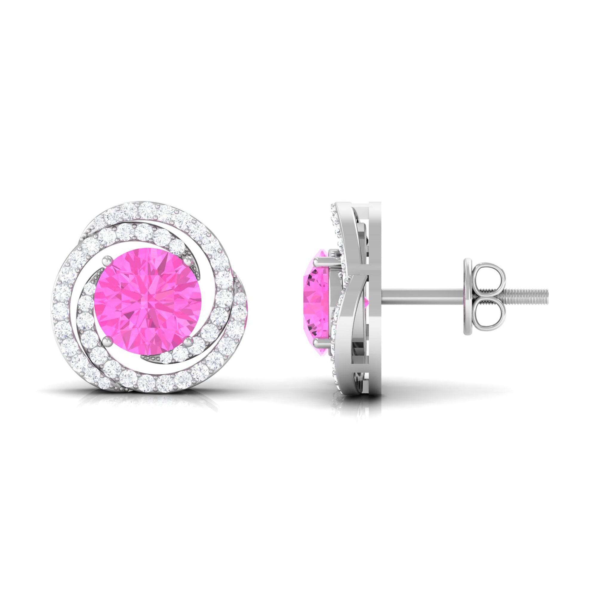 Pink Sapphire and Diamond Swirl Stud Earrings Pink Sapphire - ( AAA ) - Quality - Rosec Jewels