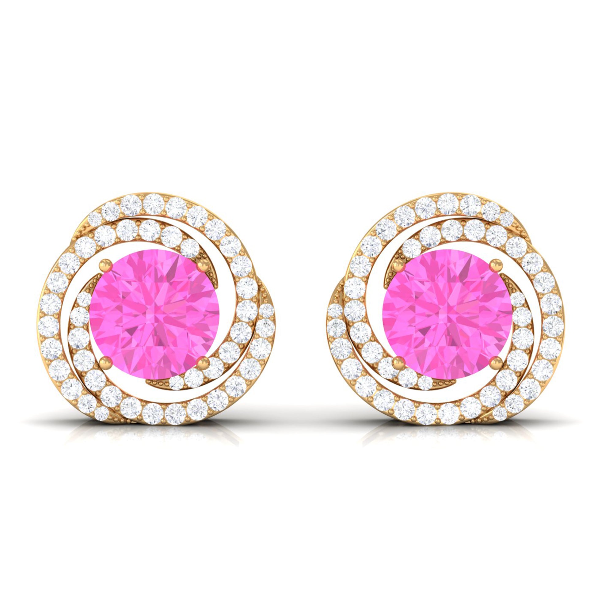 Pink Sapphire and Diamond Swirl Stud Earrings Pink Sapphire - ( AAA ) - Quality - Rosec Jewels