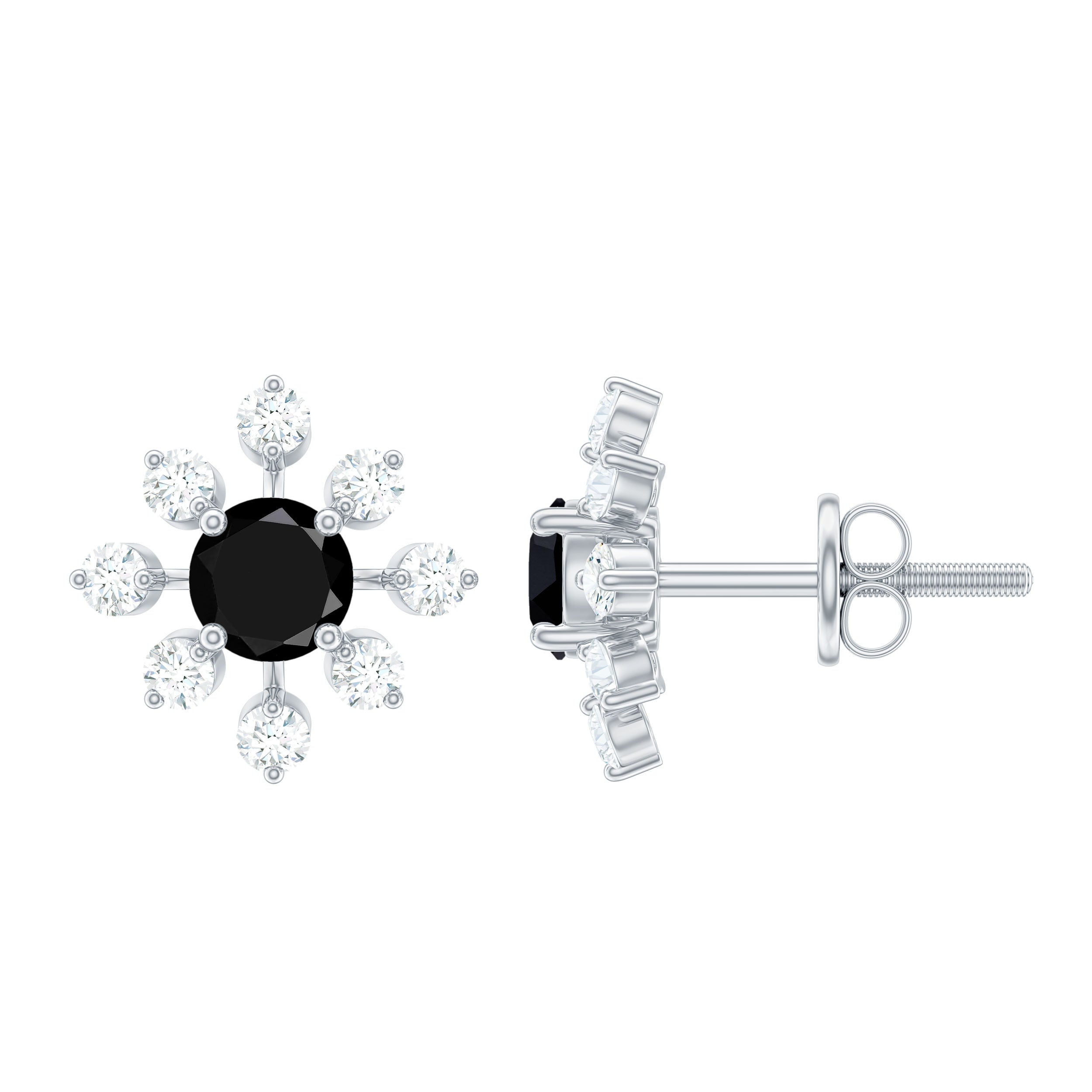 1 CT Black Onyx and Diamond Flower Stud Earrings Black Onyx - ( AAA ) - Quality - Rosec Jewels