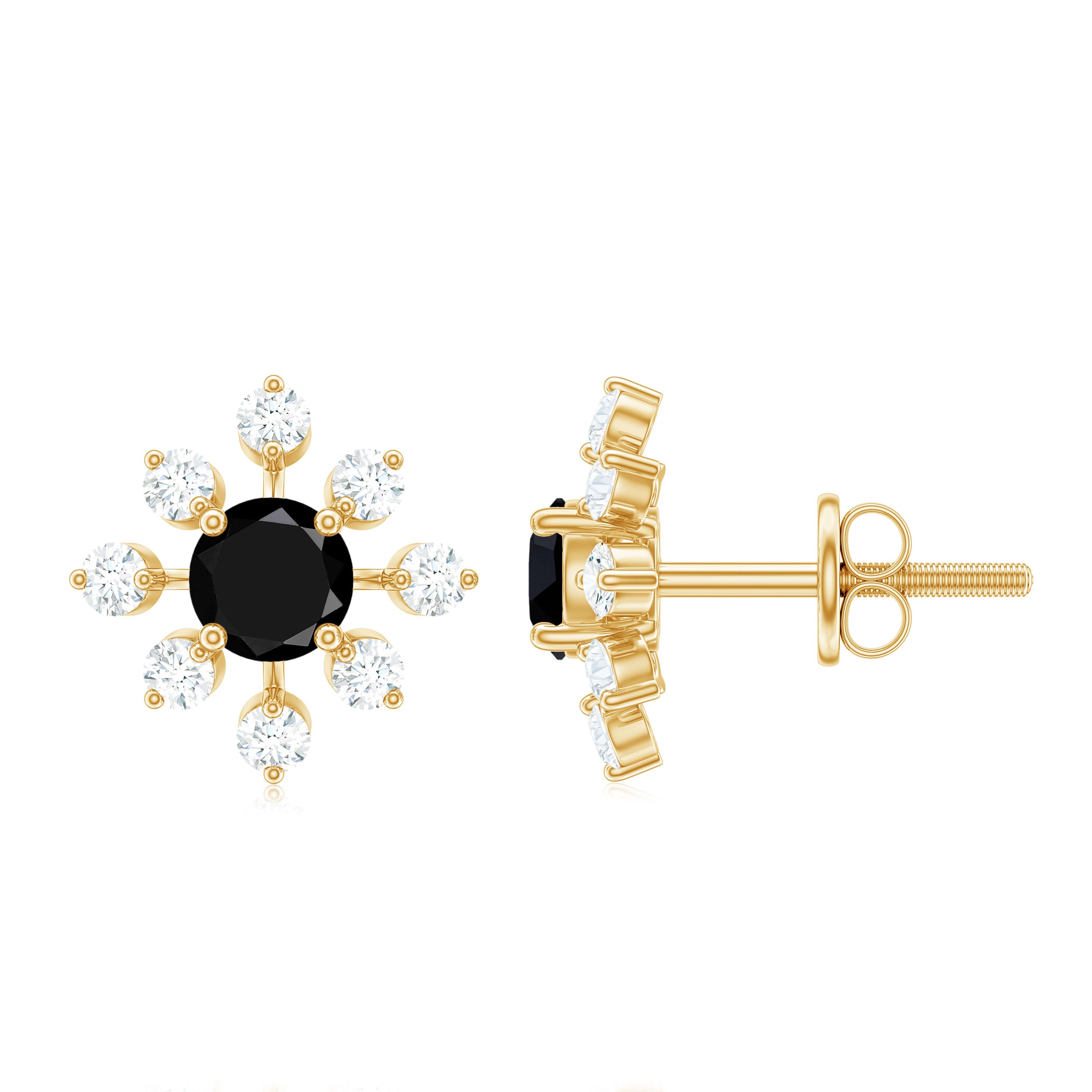 1 CT Black Onyx and Diamond Flower Stud Earrings Black Onyx - ( AAA ) - Quality - Rosec Jewels