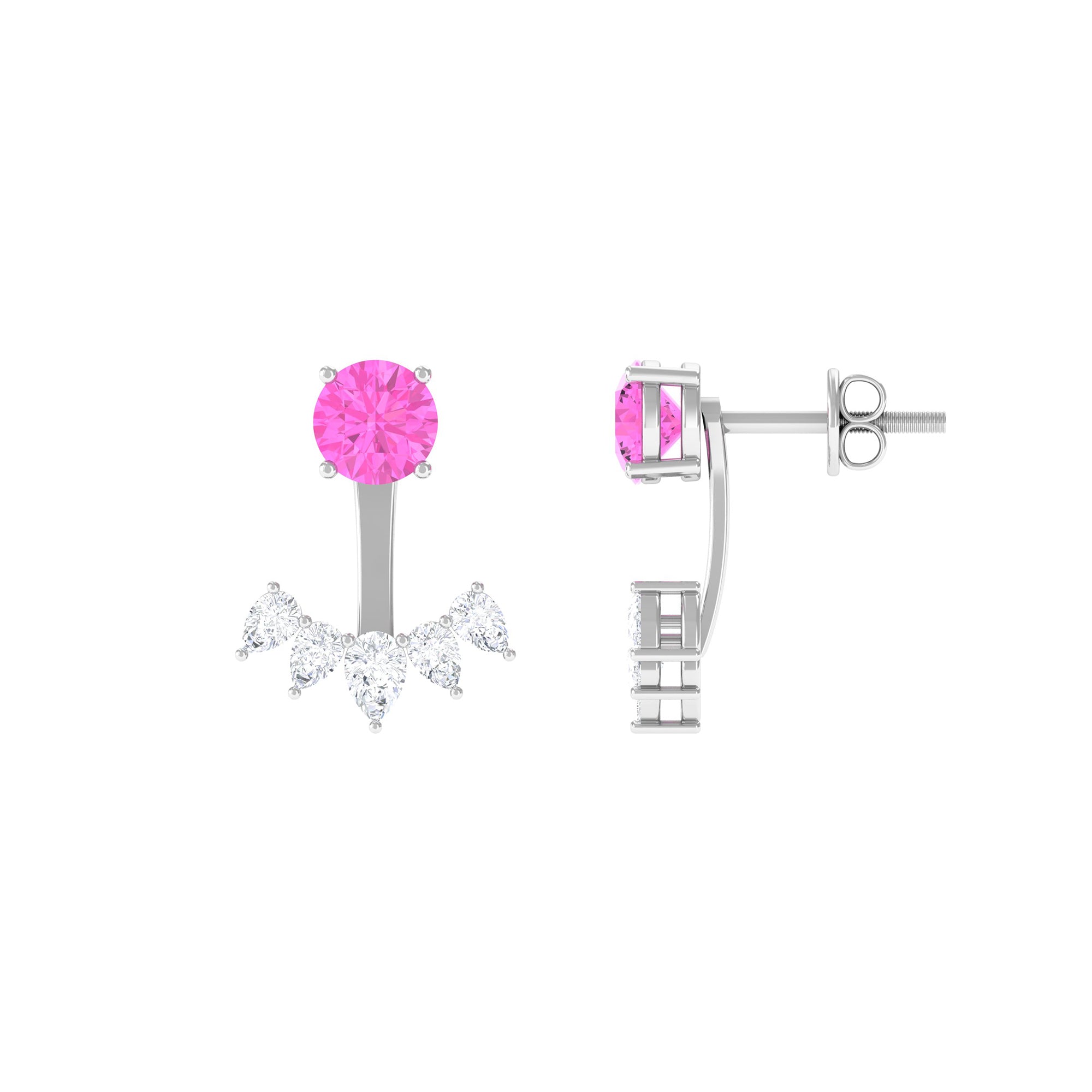 Real Pink Sapphire and Moissanite Jacket Earrings Pink Sapphire - ( AAA ) - Quality - Rosec Jewels