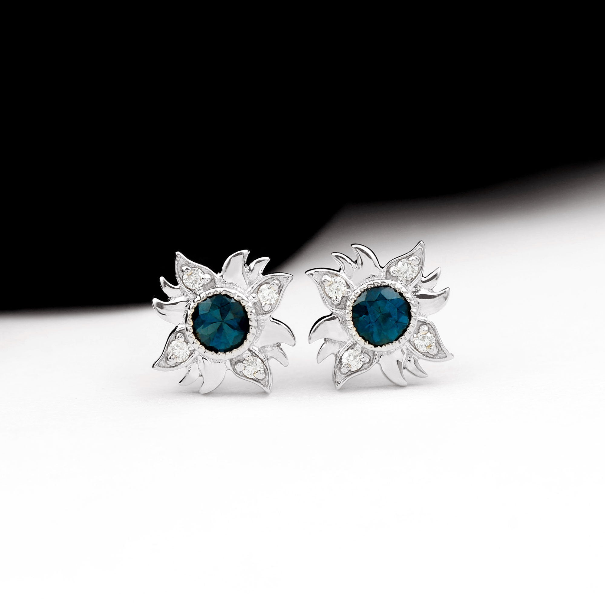 1/2 CT Round Shape London Blue Topaz and Diamond Sunburst Stud Earrings London Blue Topaz - ( AAA ) - Quality 92.5 Sterling Silver - Rosec Jewels