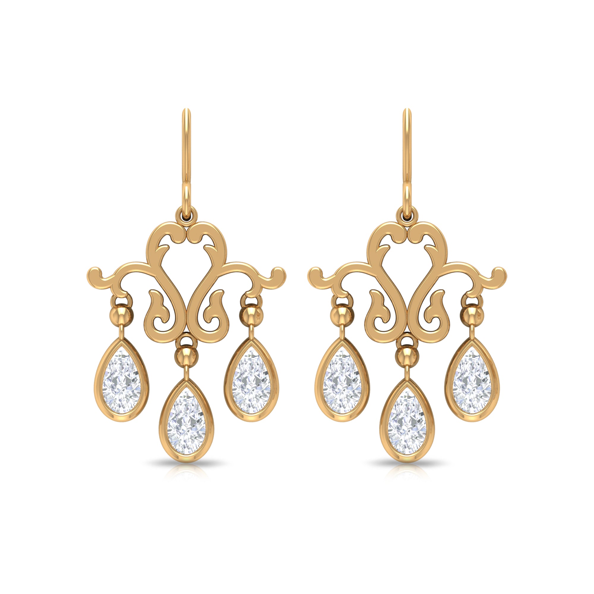 Vintage Inspired Pear Shape Zircon Dangle Earrings in Gold Zircon - ( AAAA ) - Quality - Rosec Jewels