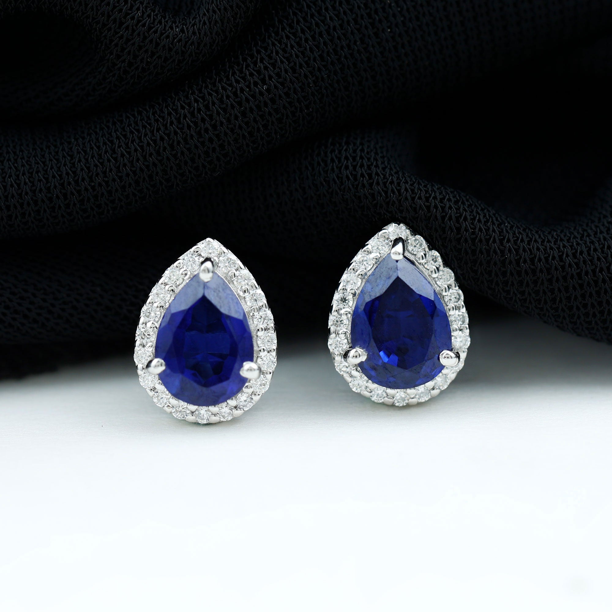 Created Blue Sapphire and Moissanite Halo Stud Earrings Lab Created Blue Sapphire - ( AAAA ) - Quality - Rosec Jewels