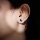 Created Blue Sapphire and Moissanite Halo Stud Earrings Lab Created Blue Sapphire - ( AAAA ) - Quality - Rosec Jewels