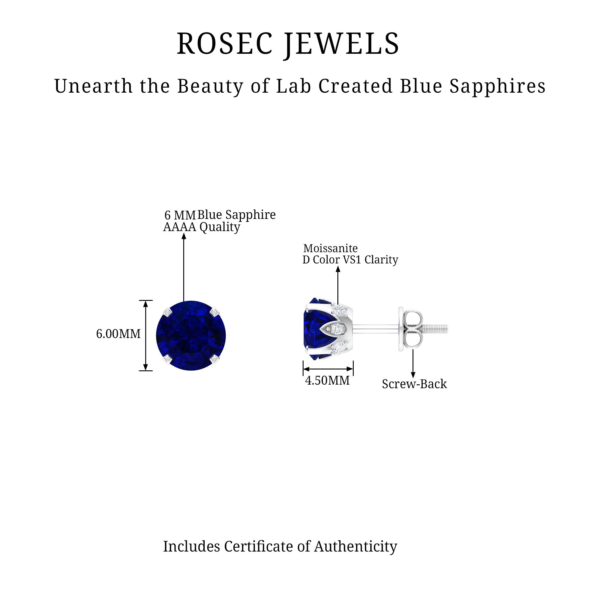 Round Cut Created Blue Sapphire Solitaire Stud Earrings with Moissanite Accent Lab Created Blue Sapphire - ( AAAA ) - Quality - Rosec Jewels