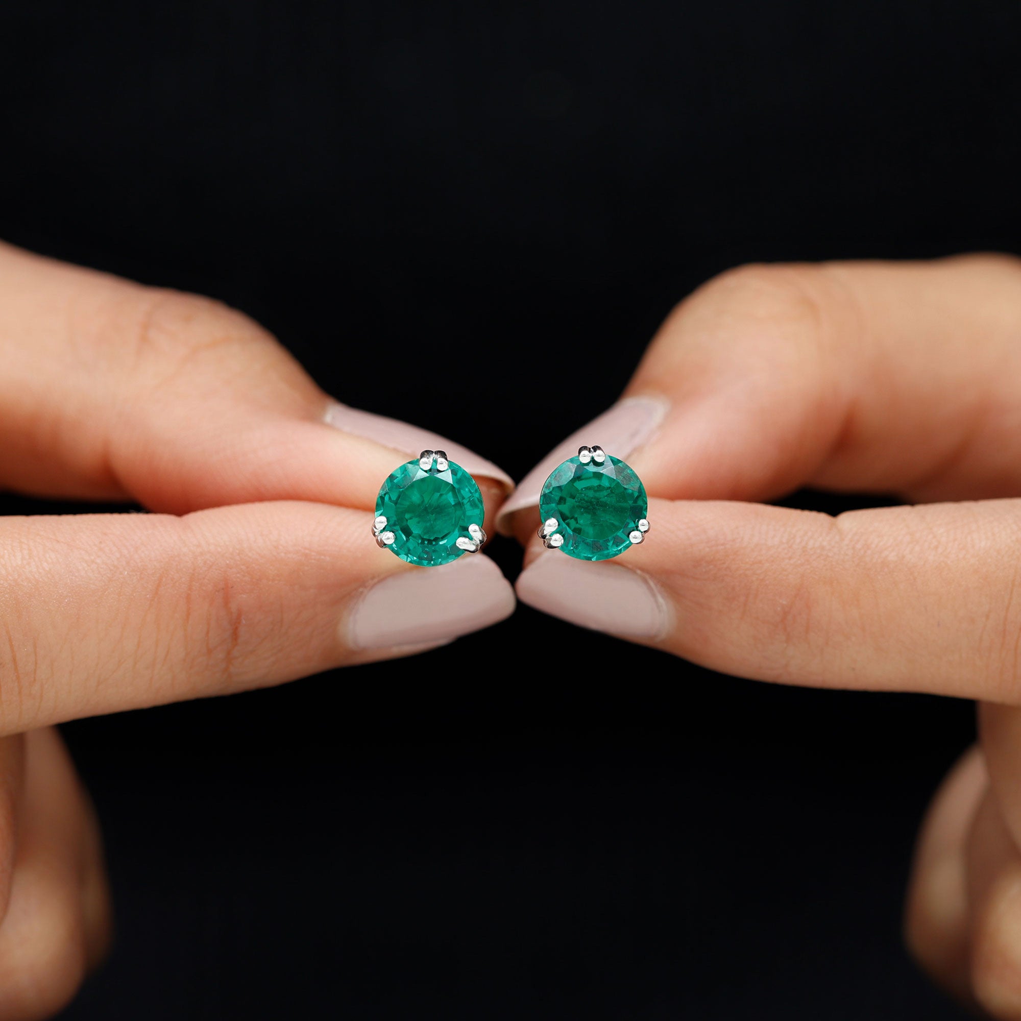 8 MM Created Emerald Solitaire Silver Stud Earrings in Double Claw Setting Lab Created Emerald - ( AAAA ) - Quality 92.5 Sterling Silver - Rosec Jewels