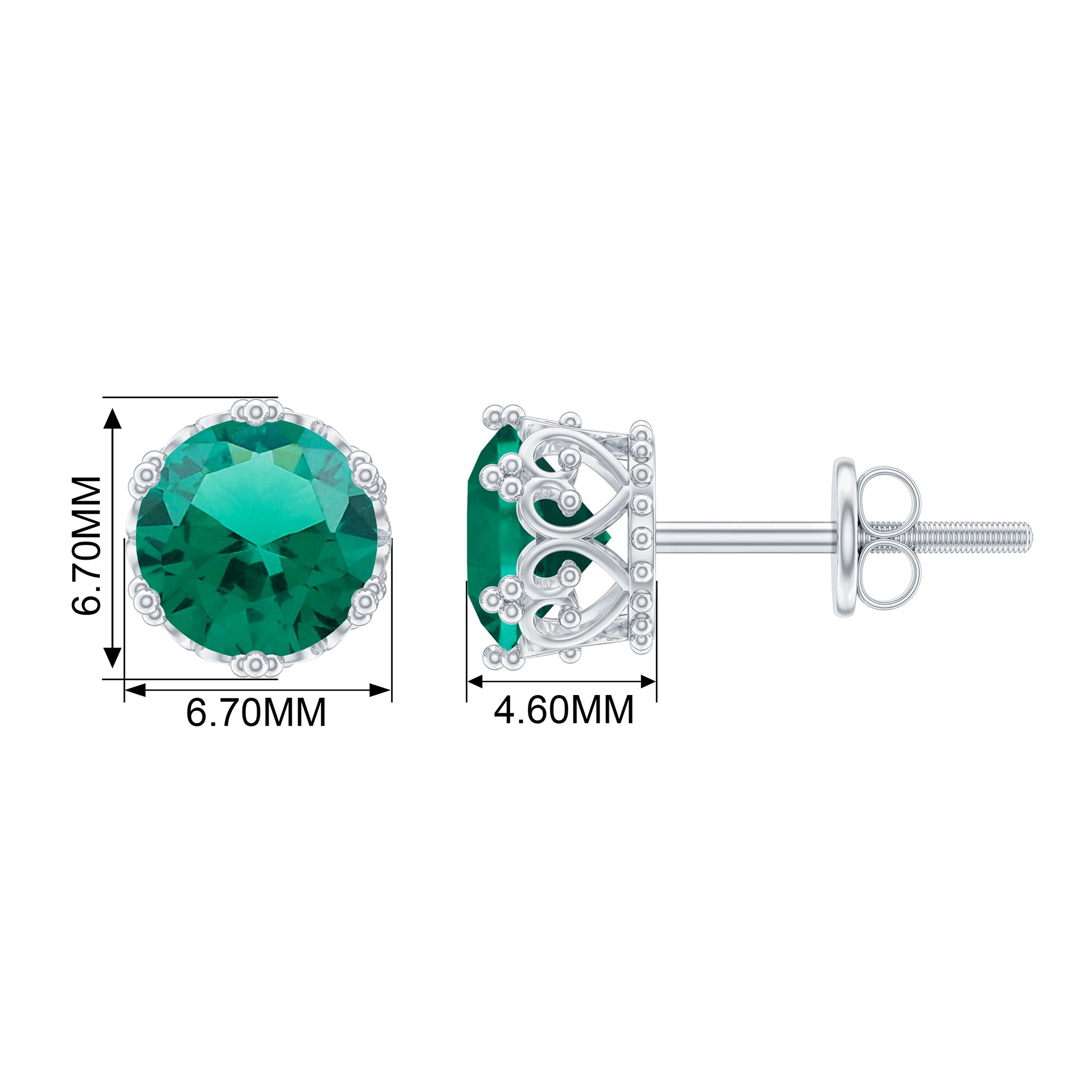 6 MM Created Emerald Solitaire Crown Stud Earrings Lab Created Emerald - ( AAAA ) - Quality - Rosec Jewels