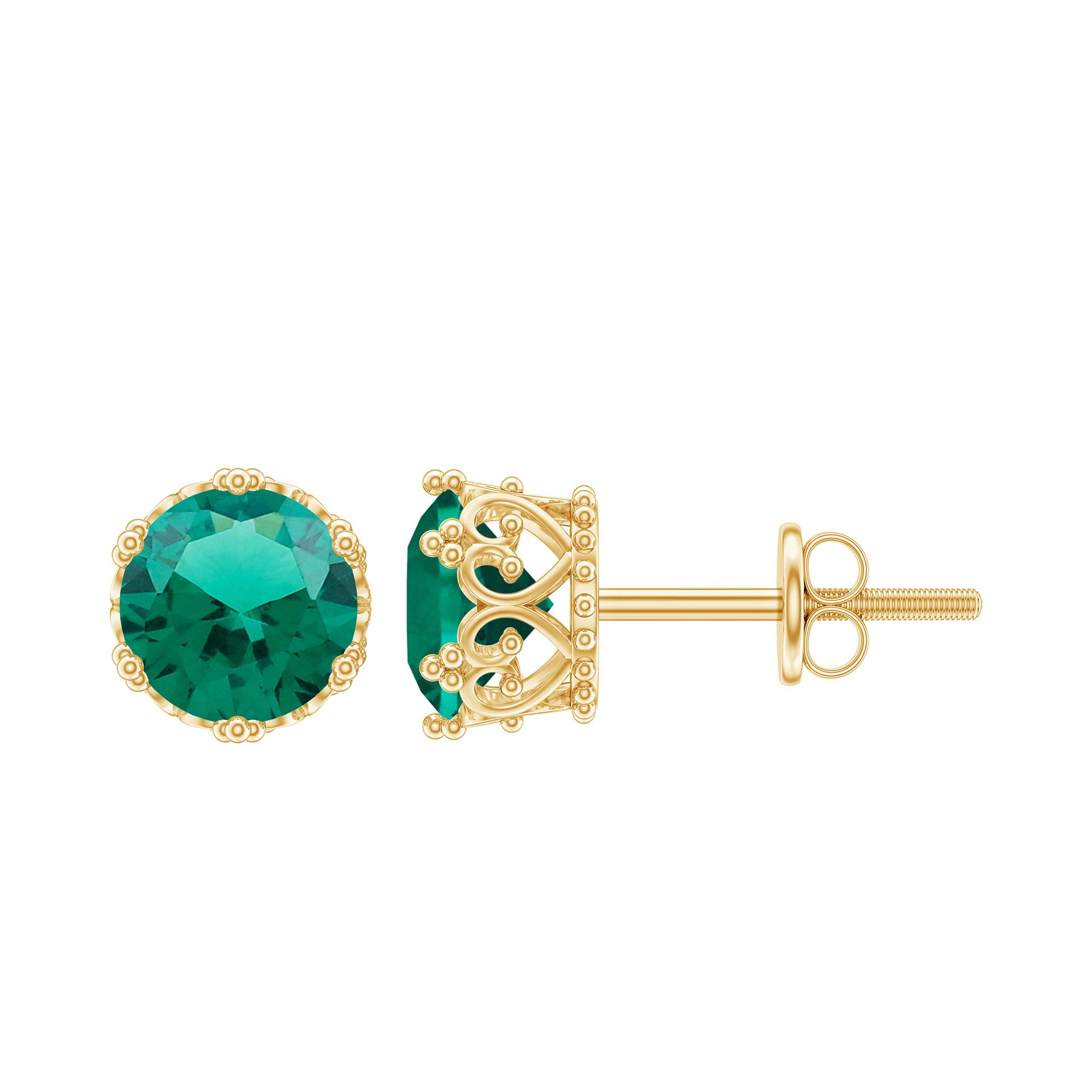 6 MM Created Emerald Solitaire Crown Stud Earrings Lab Created Emerald - ( AAAA ) - Quality - Rosec Jewels