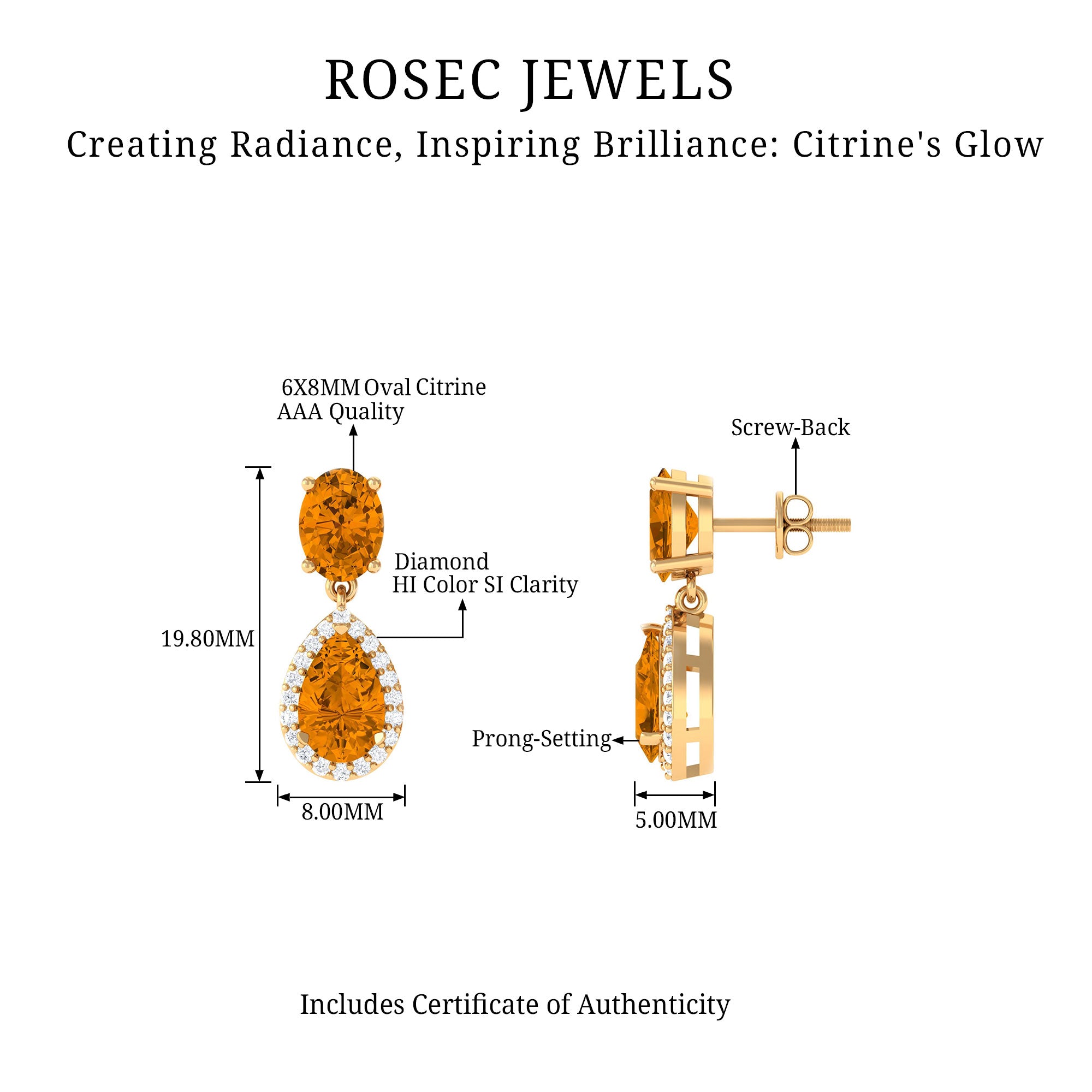 4.5 CT Citrine and Diamond Dangle Drop Earrings Citrine - ( AAA ) - Quality - Rosec Jewels