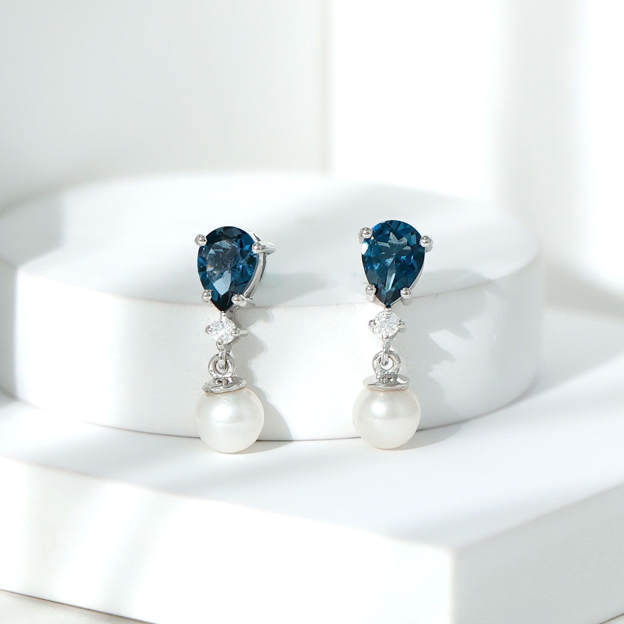 6.25 CT London Blue Topaz and Moissanite Dangle Earrings with Freshwater Pearl Drop Freshwater Pearl - ( AAA ) - Quality - Rosec Jewels