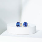 Double Claw Set Round Created Blue Sapphire Solitaire Stud Earrings Lab Created Blue Sapphire - ( AAAA ) - Quality - Rosec Jewels