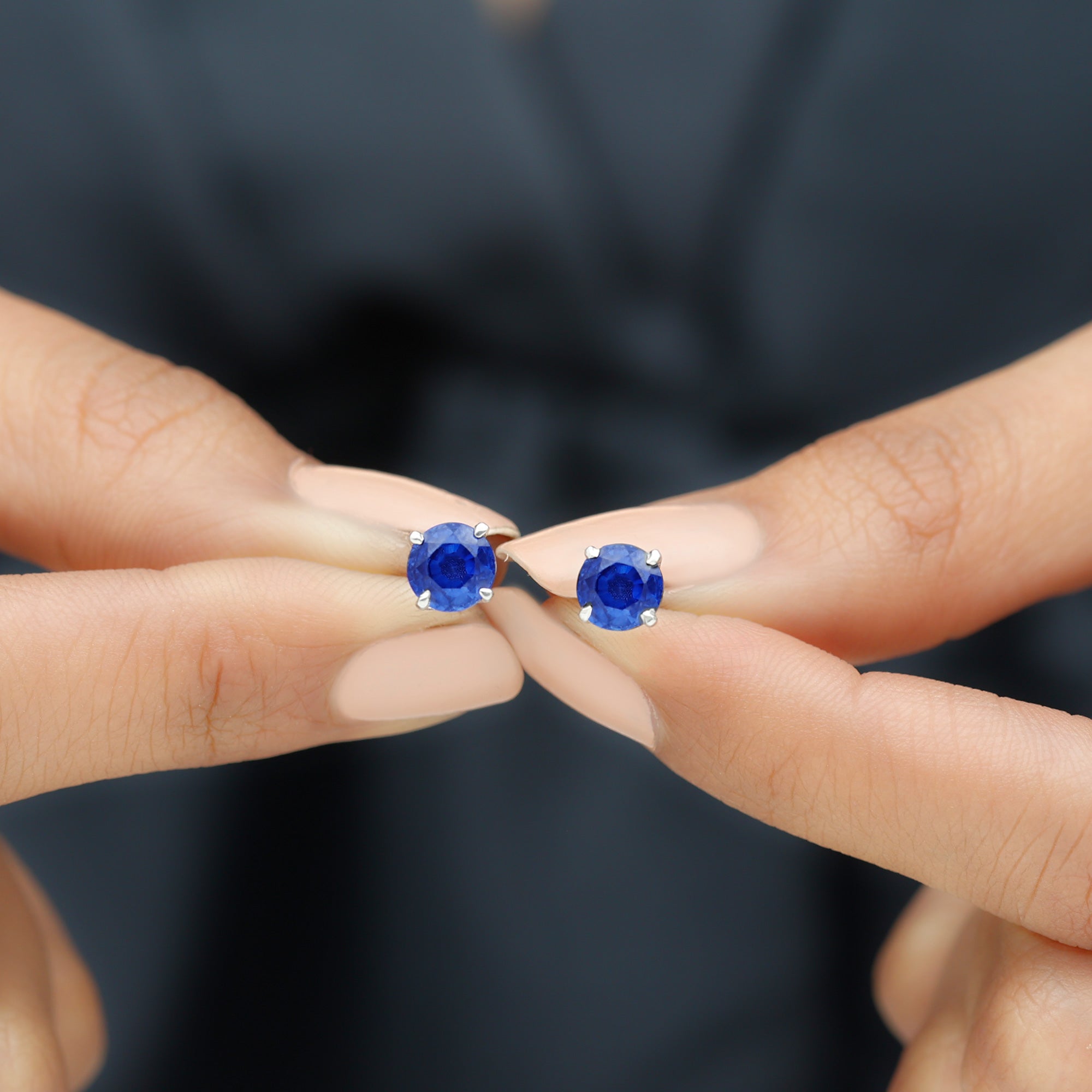 2 CT Solitaire Created Blue Sapphire Round Silver Stud Earrings in Claw Setting Lab Created Blue Sapphire - ( AAAA ) - Quality 92.5 Sterling Silver - Rosec Jewels