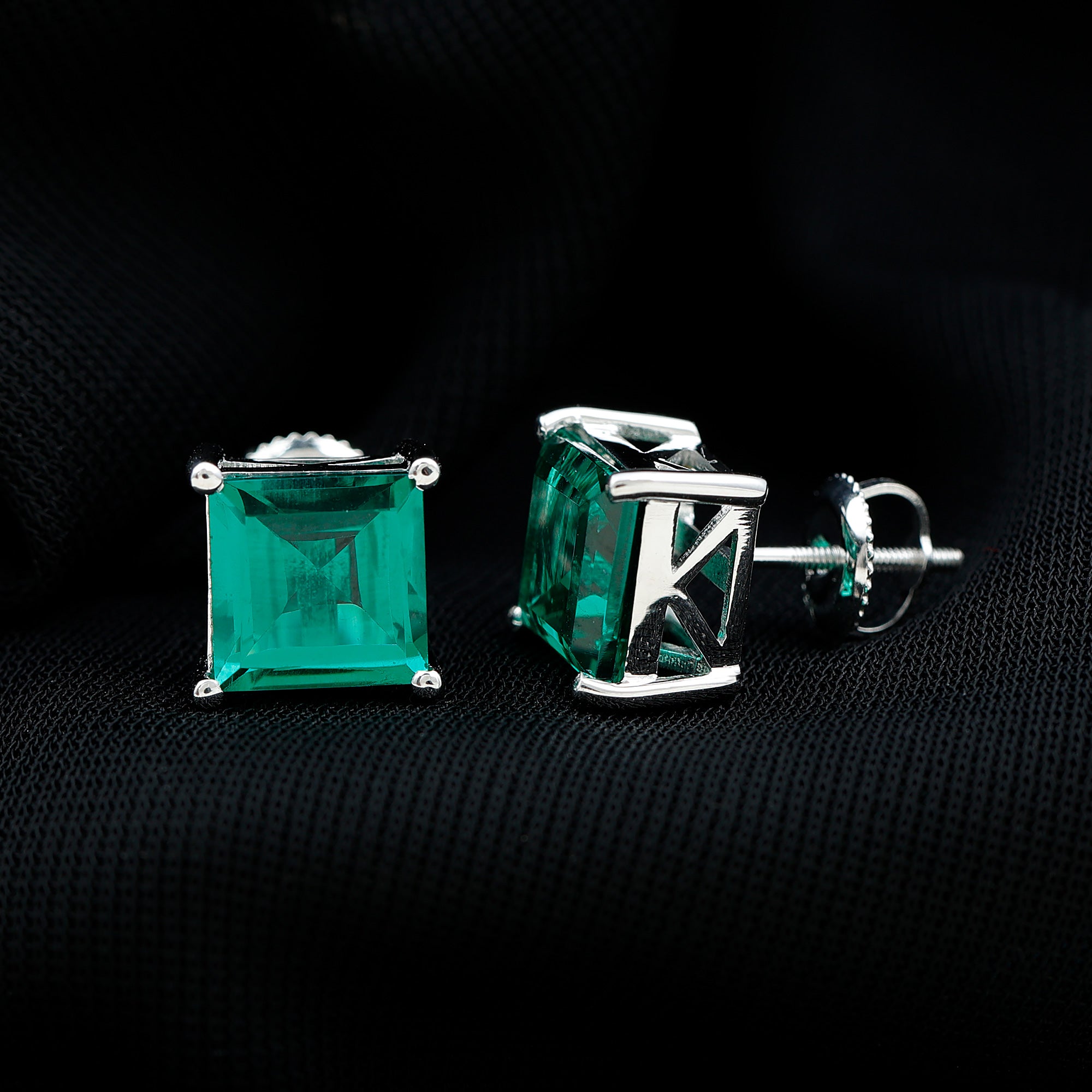 4.75 CT Princess Cut Created Emerald Solitaire Stud Earring in Silver Lab Created Emerald - ( AAAA ) - Quality 92.5 Sterling Silver - Rosec Jewels