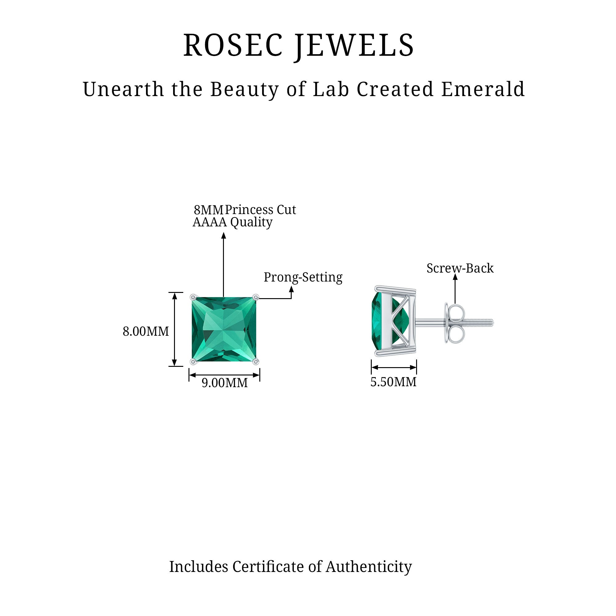 4.75 CT Princess Cut Created Emerald Solitaire Stud Earring Lab Created Emerald - ( AAAA ) - Quality - Rosec Jewels