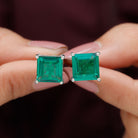 Princess Cut Lab Grown Emerald Solitaire Stud Earrings Lab Created Emerald - ( AAAA ) - Quality - Rosec Jewels