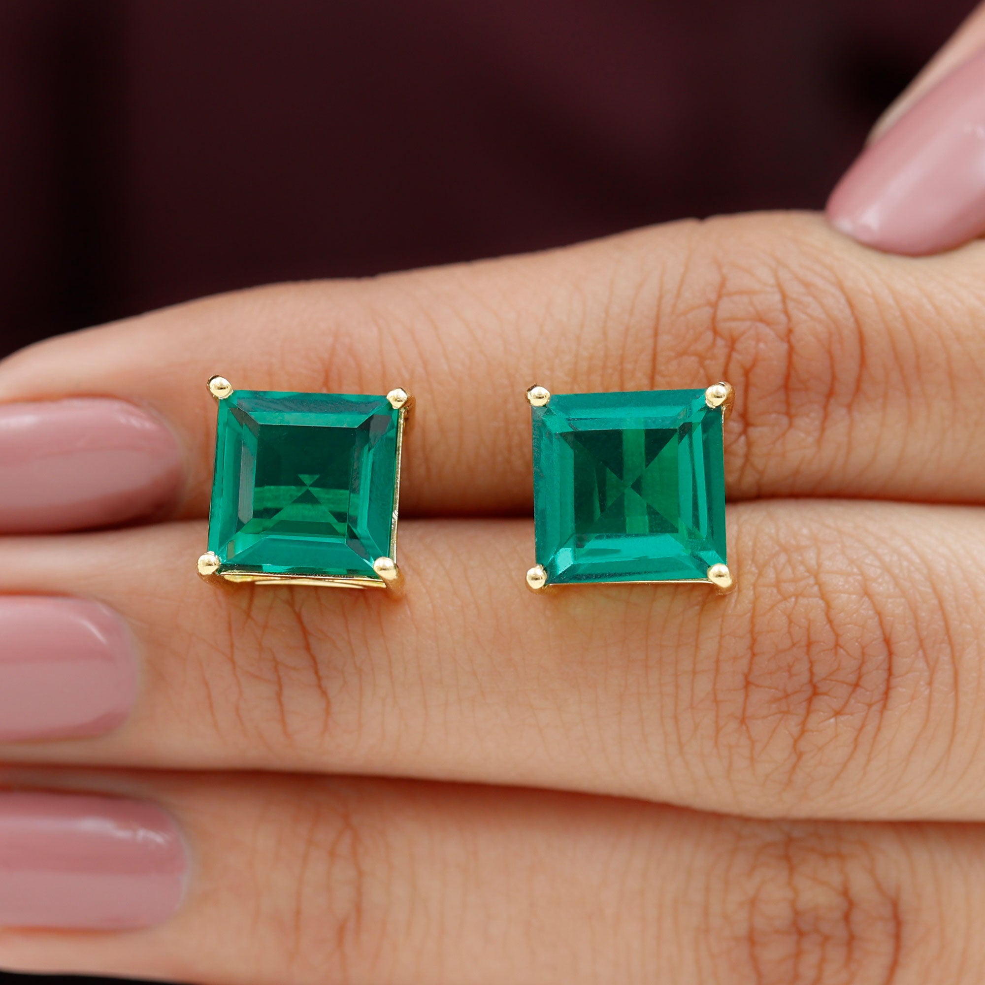 Princess Cut Lab Grown Emerald Solitaire Stud Earrings Lab Created Emerald - ( AAAA ) - Quality - Rosec Jewels