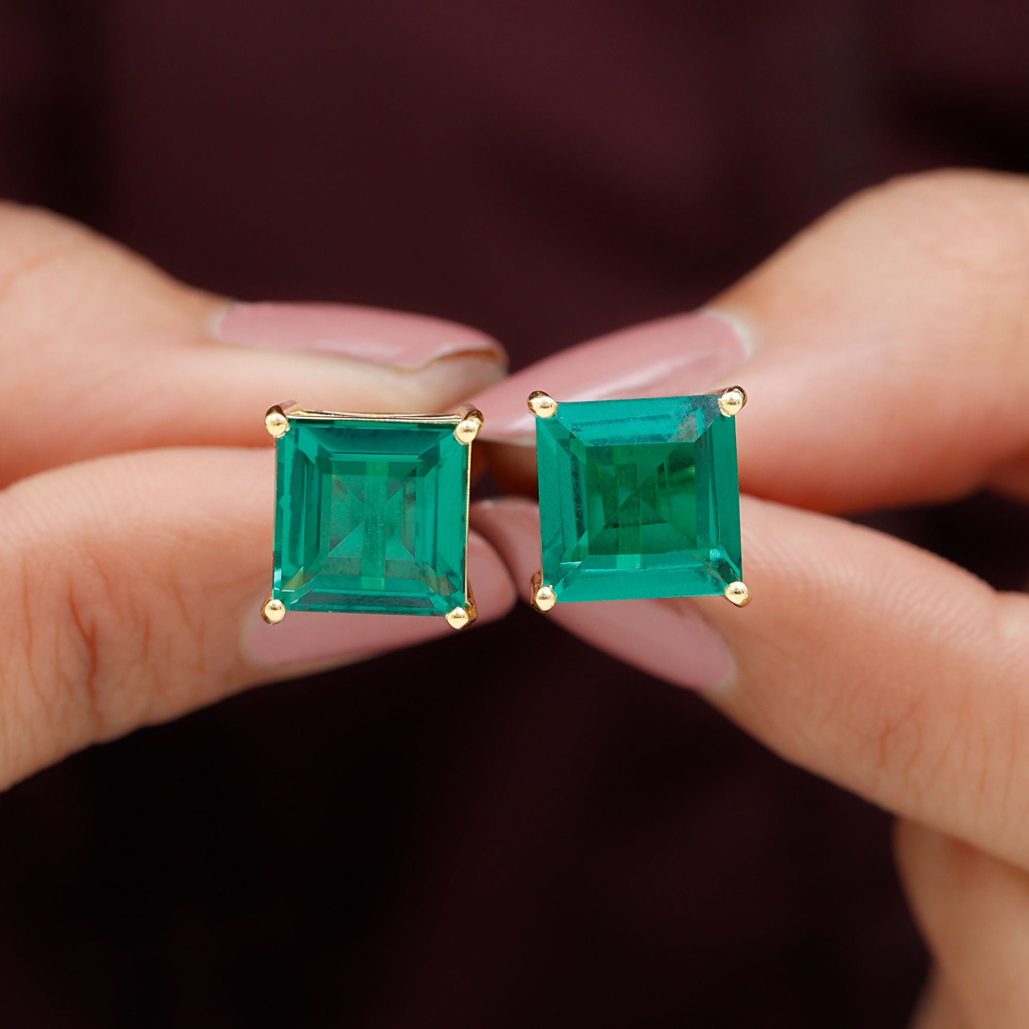 Princess Cut Lab Grown Emerald Solitaire Stud Earrings Lab Created Emerald - ( AAAA ) - Quality - Rosec Jewels