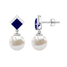 Freshwater Pearl and Blue Sapphire Drop Earrings with Moissanite Blue Sapphire - ( AAA ) - Quality - Rosec Jewels