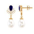 Freshwater Pearl and Blue Sapphire Teardrop Earrings with Moissanite Blue Sapphire - ( AAA ) - Quality - Rosec Jewels