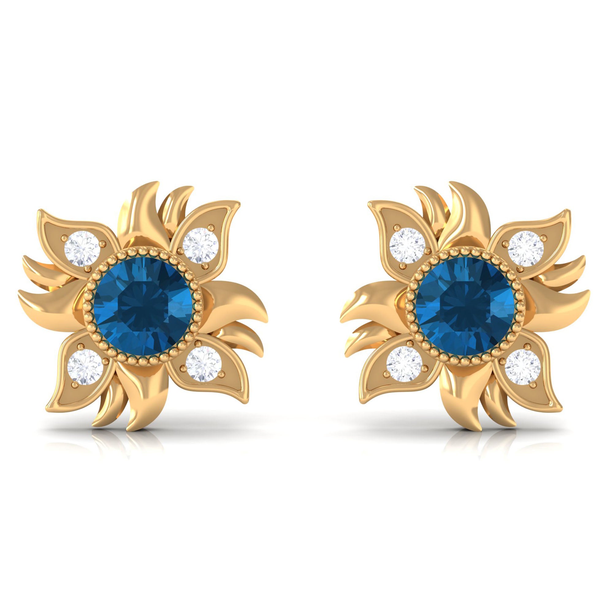 London Blue Topaz and Diamond Flower Stud Earrings London Blue Topaz - ( AAA ) - Quality 14K Yellow Gold - Rosec Jewels