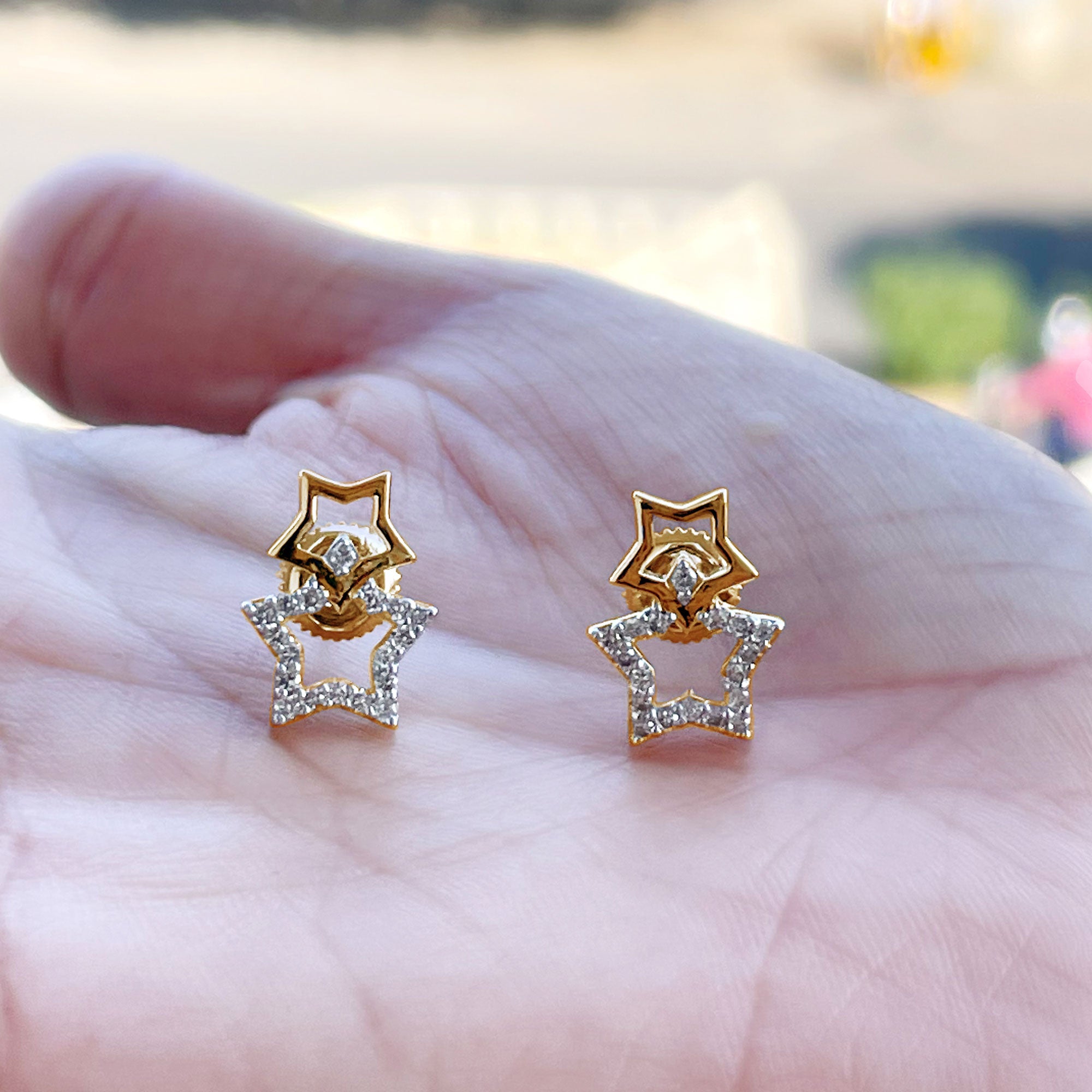 Double Star Stud Earrings with Diamond Diamond - ( HI-SI ) - Color and Clarity - Rosec Jewels