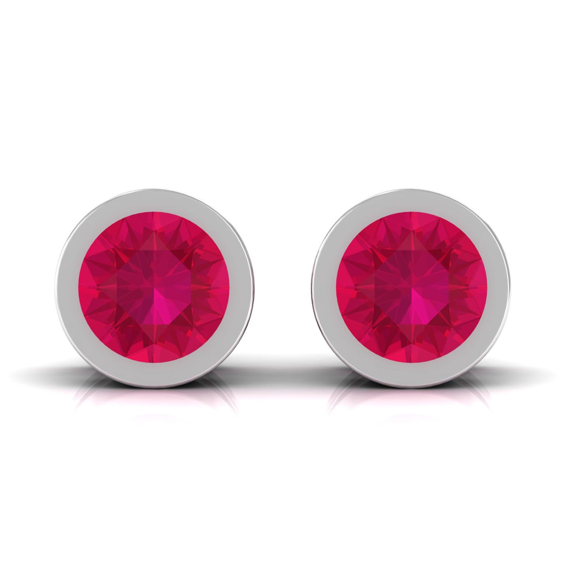 Round Ruby Dainty Solitaire Stud Earrings in Bezel Setting Ruby - ( AAA ) - Quality - Rosec Jewels