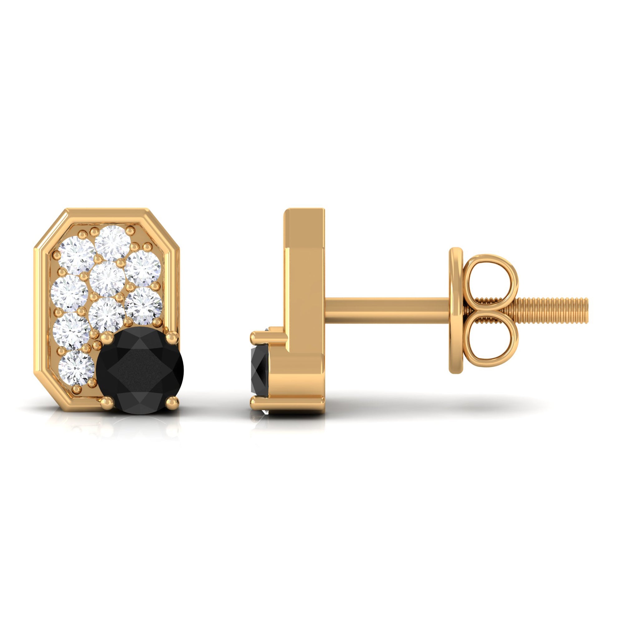 Classic Black Onyx and Diamond Octagon Stud Earrings Black Onyx - ( AAA ) - Quality - Rosec Jewels