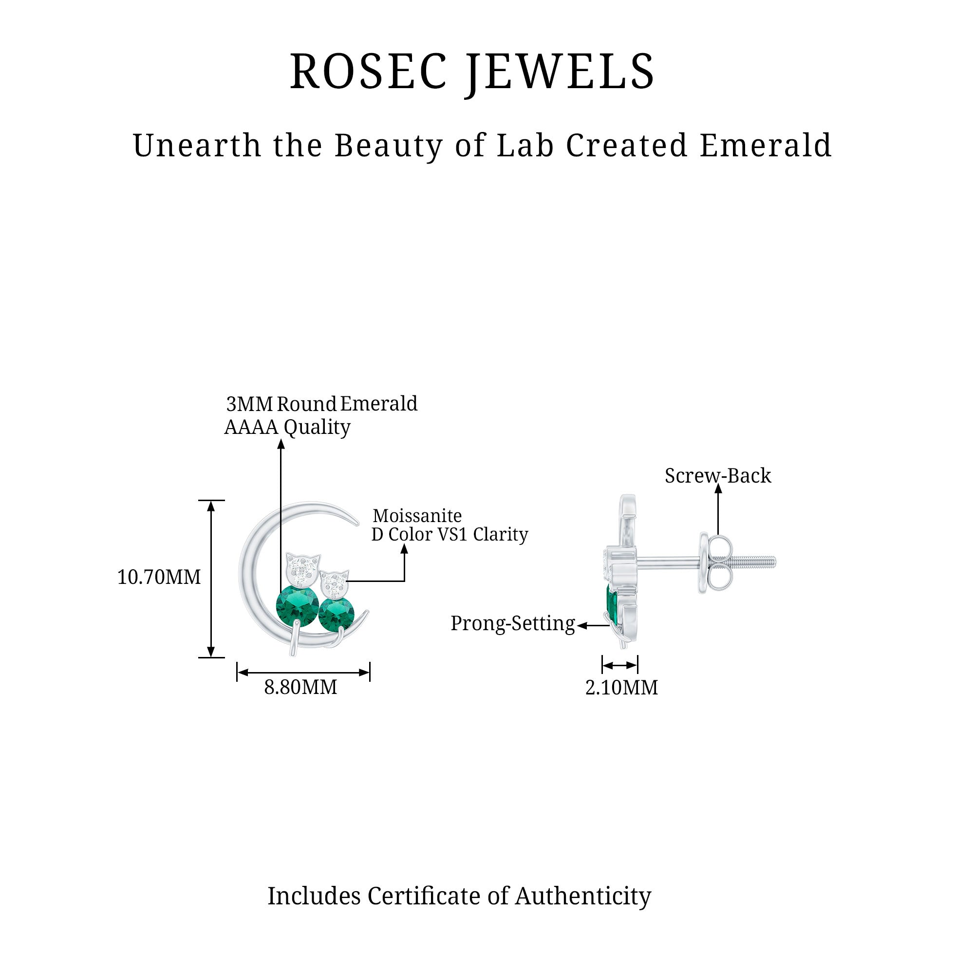 Rosec Jewels-Lab-Created Emerald and Moissanite Cat and Moon Stud Earrings