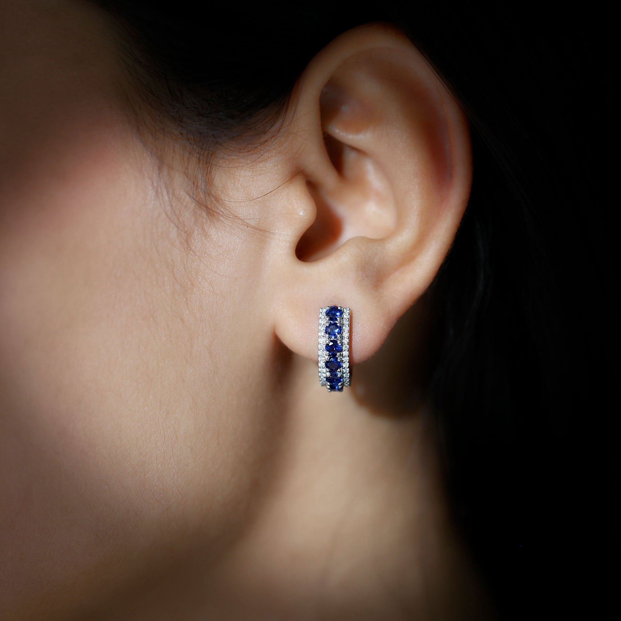 2 CT Created Blue Sapphire and Moissanite J Hoop Earrings Lab Created Blue Sapphire - ( AAAA ) - Quality - Rosec Jewels