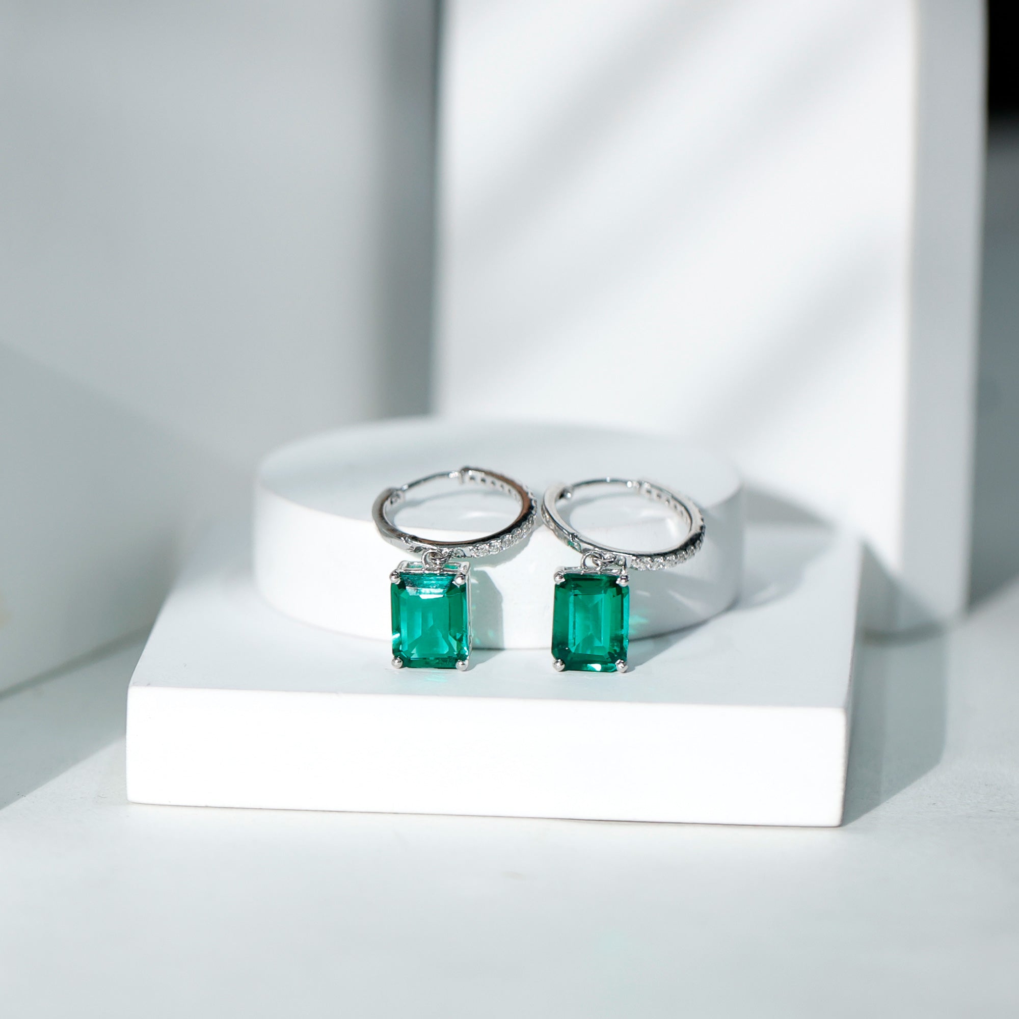 Certified Created Emerald Hoop Drop Earrings Lab Created Emerald - ( AAAA ) - Quality - Rosec Jewels