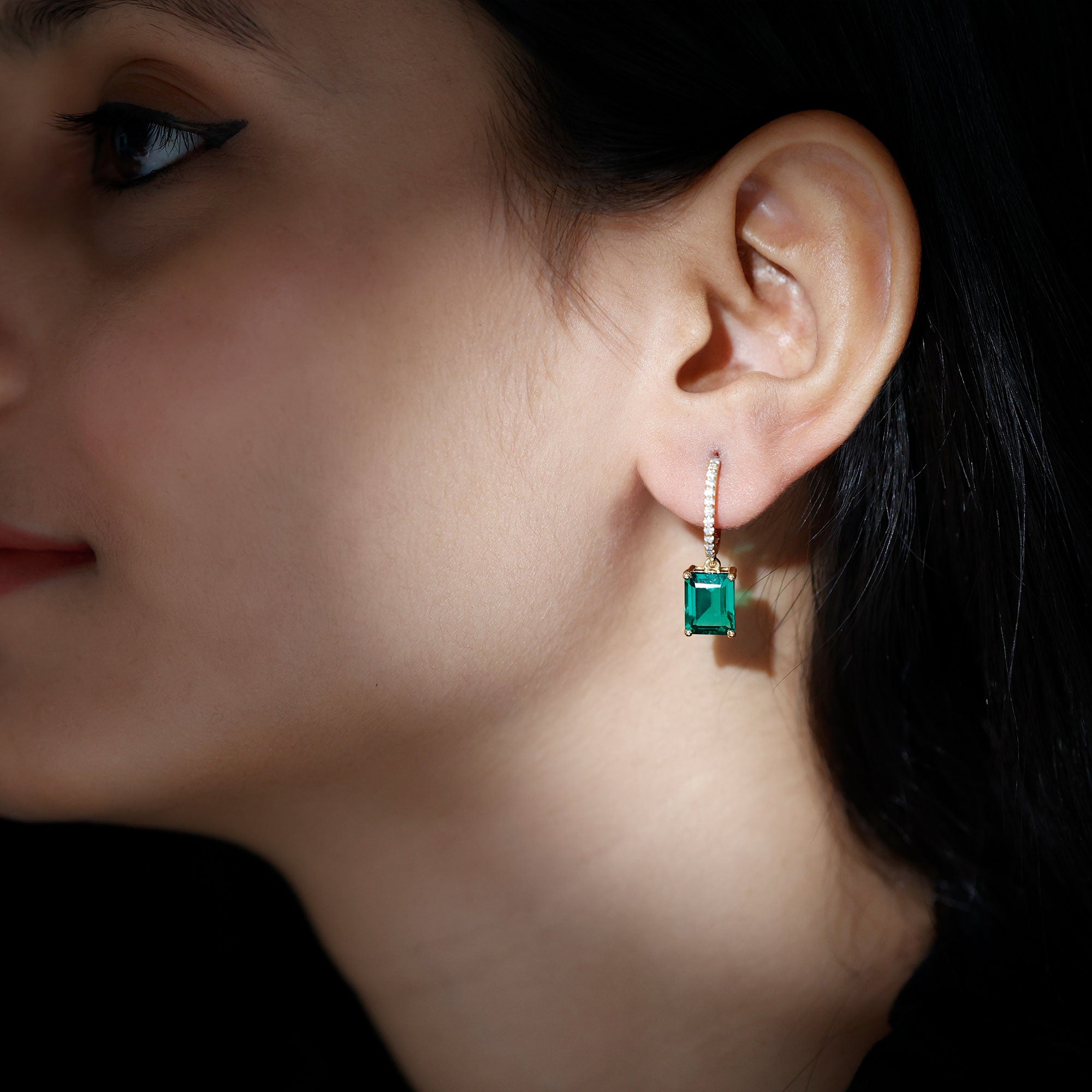 Certified Created Emerald Hoop Drop Earrings Lab Created Emerald - ( AAAA ) - Quality - Rosec Jewels