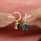 Certified Created Emerald Hoop Drop Earrings Lab Created Emerald - ( AAAA ) - Quality - Rosec Jewels