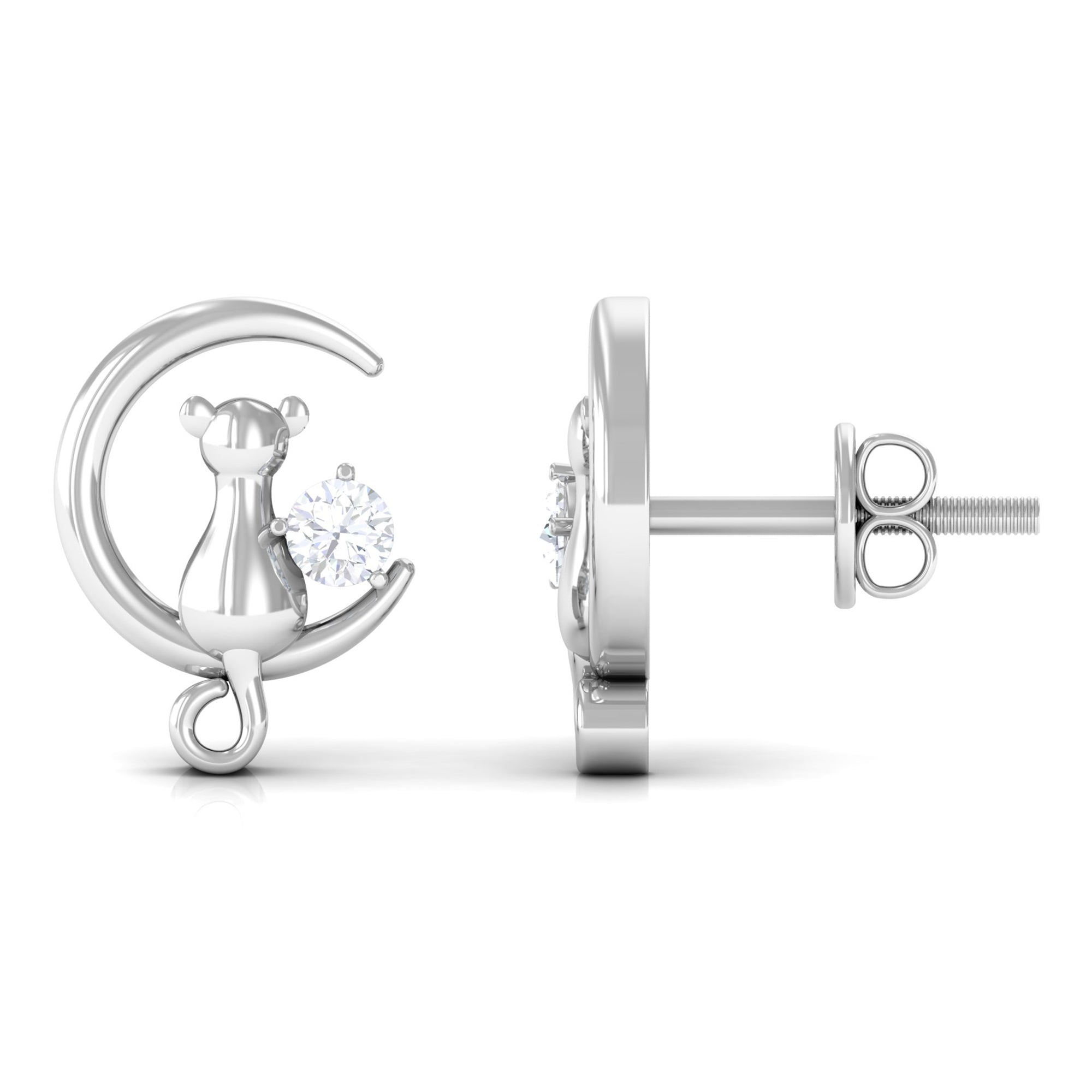 Round Moissanite Cat and Moon Stud Earrings in Gold Moissanite - ( D-VS1 ) - Color and Clarity - Rosec Jewels