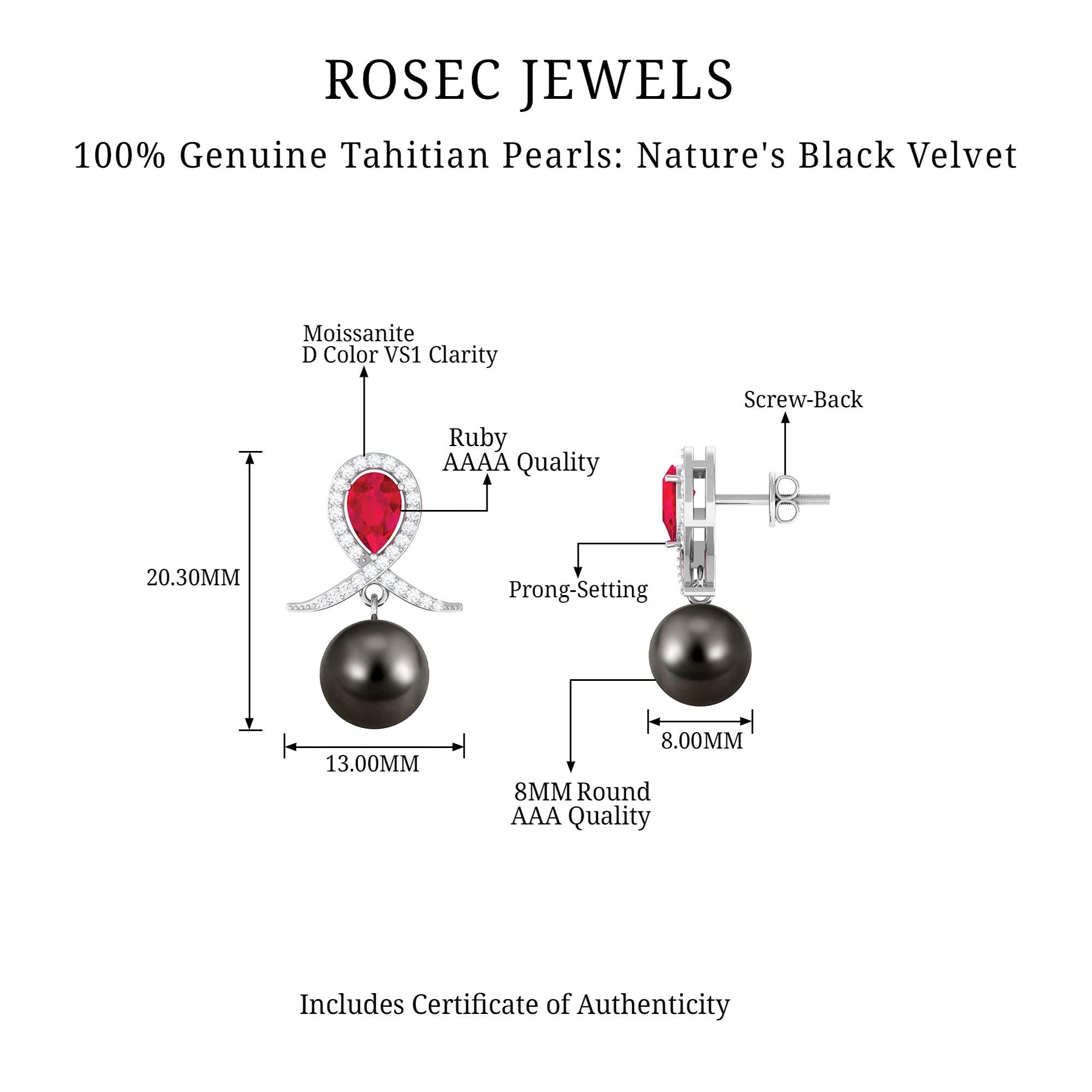 Tahitian Pearl and Created Ruby Silver Drop Earrings with Moissanite Lab Created Ruby - ( AAAA ) - Quality 92.5 Sterling Silver - Rosec Jewels