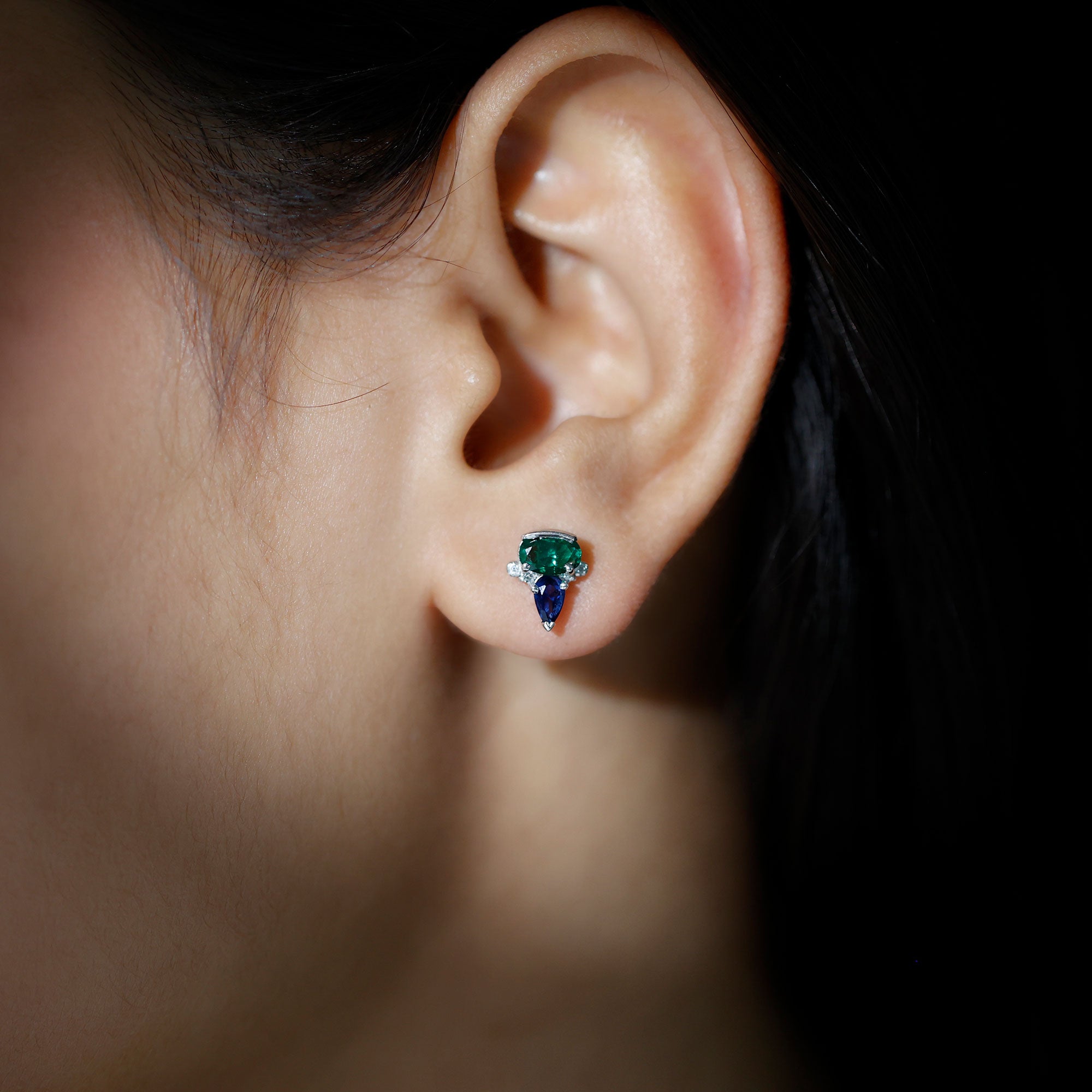 Created Emerald and Created Blue Sapphire Silver Cluster Stud Earring with Moissanite Lab Created Blue Sapphire - ( AAAA ) - Quality 92.5 Sterling Silver - Rosec Jewels