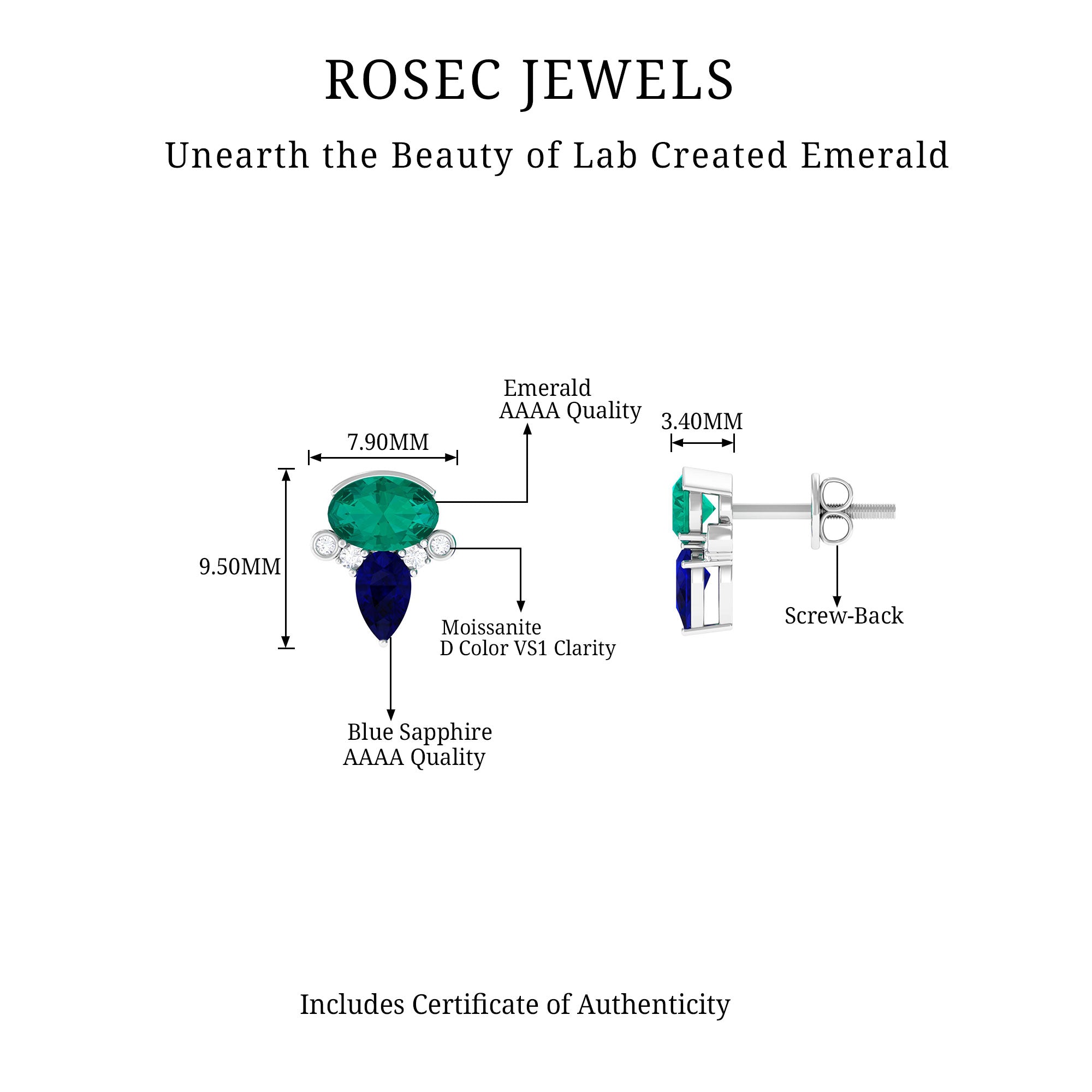 Created Emerald and Created Blue Sapphire Cluster Stud Earring with Moissanite Lab Created Blue Sapphire - ( AAAA ) - Quality - Rosec Jewels