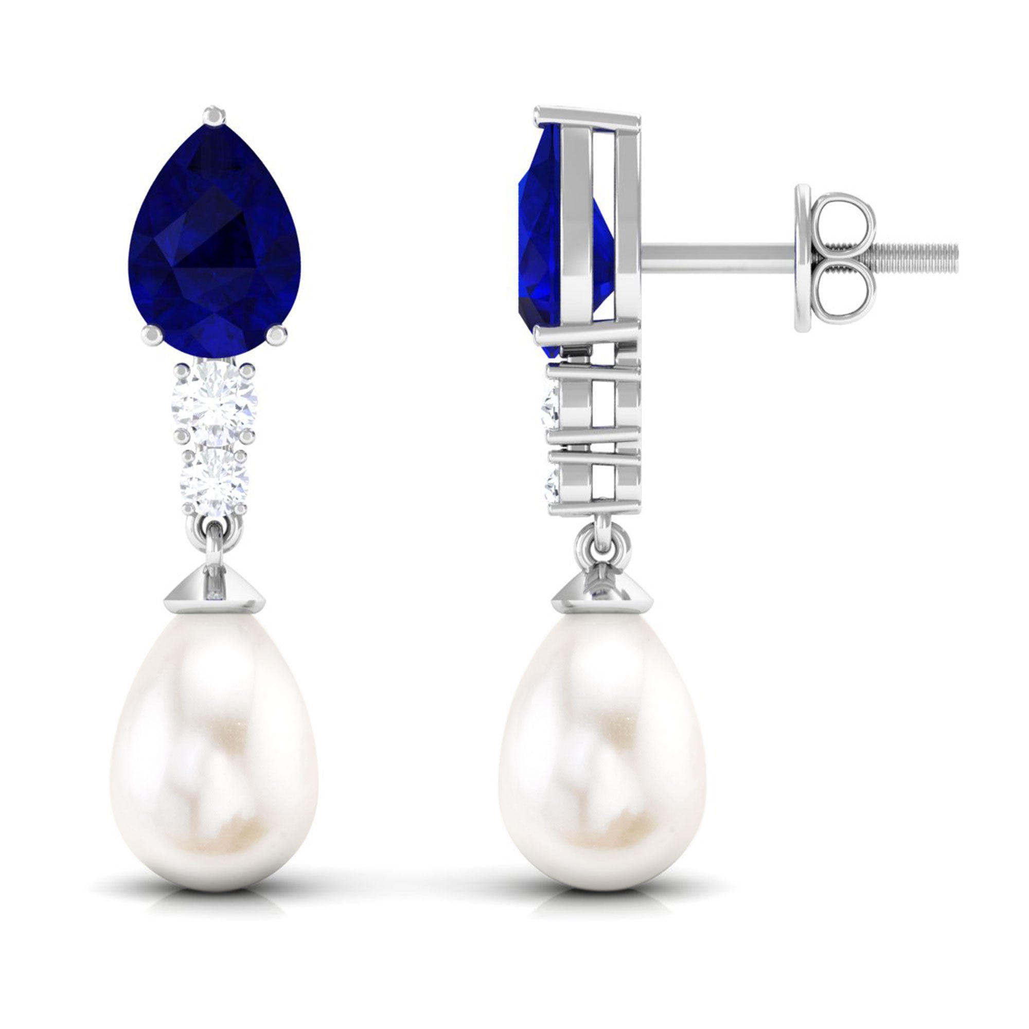 7.5 CT Blue Sapphire And Freshwater Pearl Dangle Earrings with Moissanite Blue Sapphire - ( AAA ) - Quality - Rosec Jewels