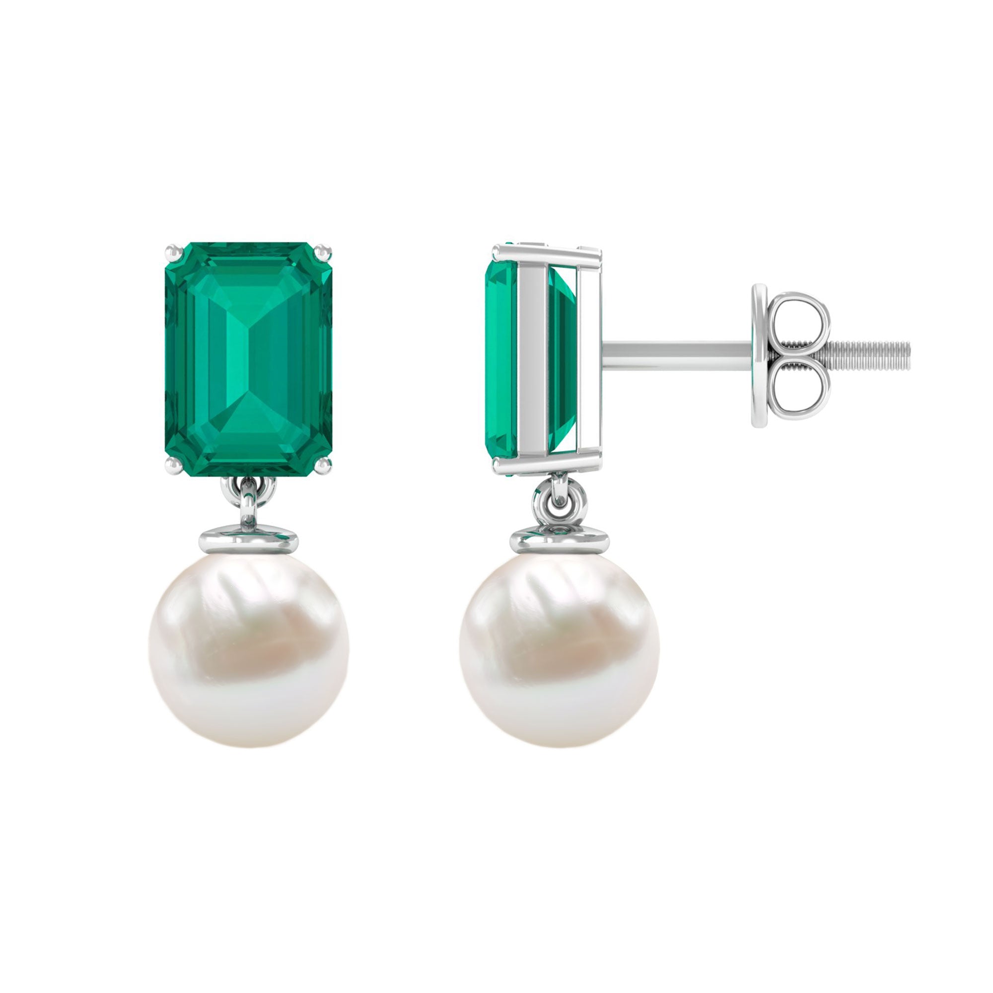 Octagon Cut Created Emerald and Freshwater Pearl Drop Earrings Freshwater Pearl - ( AAA ) - Quality - Rosec Jewels