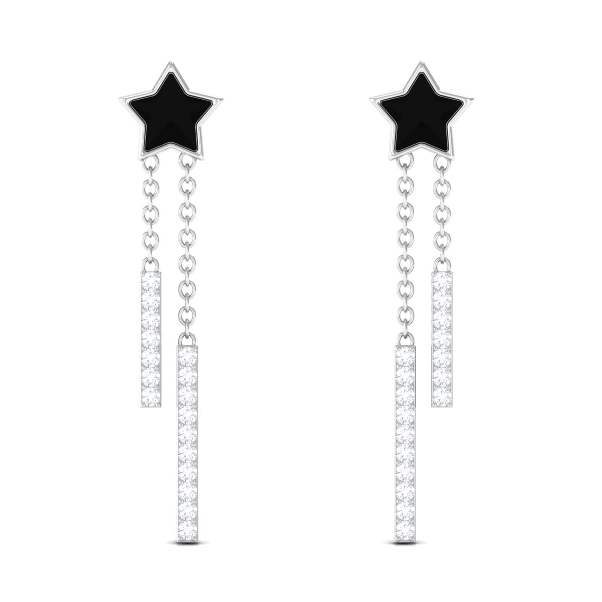 Moissanite Chain Star Dangle Earrings with Black Enamel Moissanite - ( D-VS1 ) - Color and Clarity - Rosec Jewels